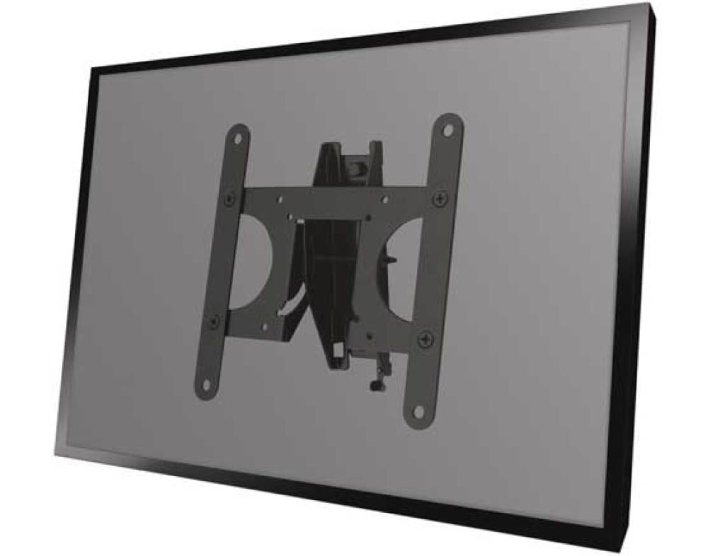 Un support TV noir à plusieurs bras est fixé à l'arrière d'un téléviseur.