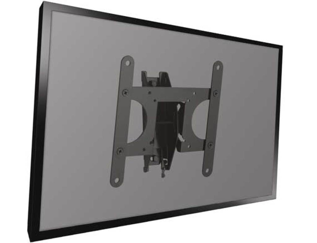 Un téléviseur noir avec un support mural fixé au dos.