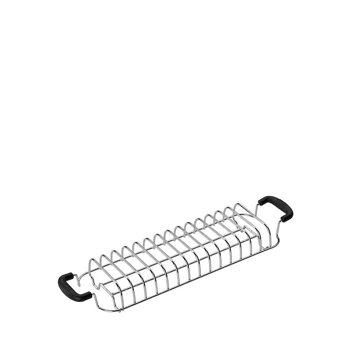 Escurridor cromado con asas negras, diseñado para platos.