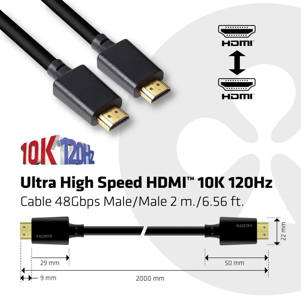 Ein schwarzes HDMI-Kabel mit goldenen Steckern, 2m lang, unterstützt 10K 120Hz.