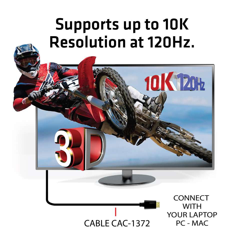 Ein Motorradfahrer in 3D auf einem Monitor, der 10K Auflösung bei 120Hz unterstützt.
