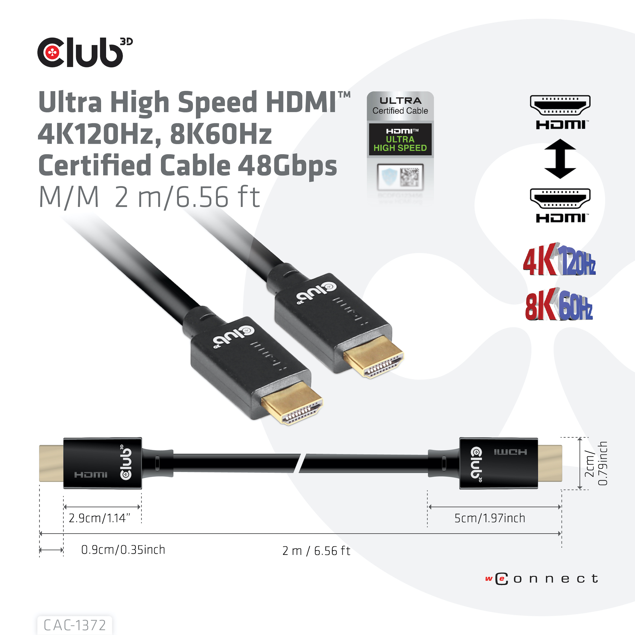 Ein schwarzes Club 3D HDMI-Kabel mit goldenen Anschlüssen, 2 m lang.