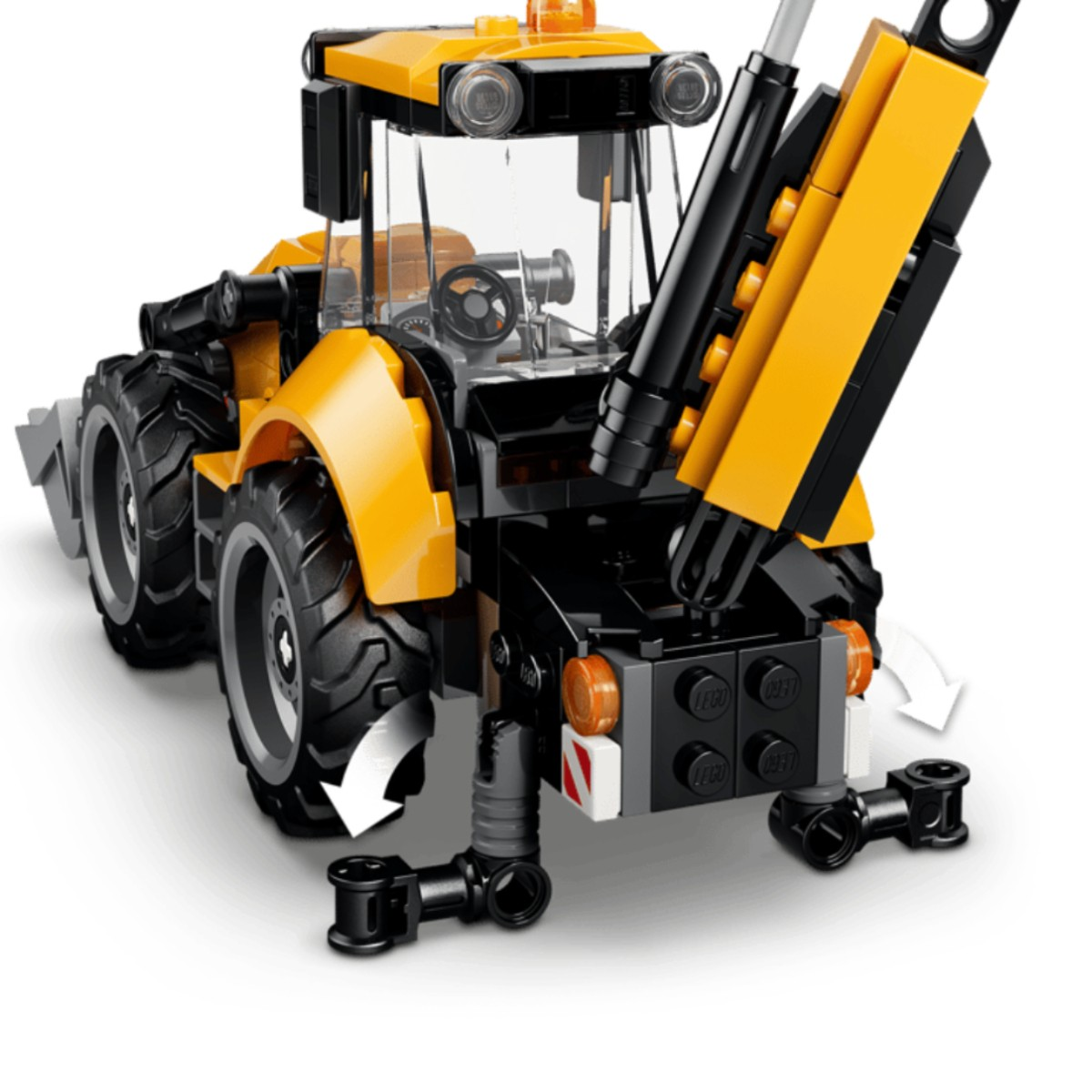 Un vehículo de construcción Lego amarillo con brazo y ruedas negras sobre fondo blanco.