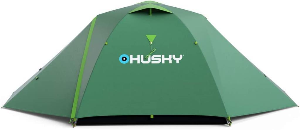 Ein grünes HUSKY-Zelt mit limettengrünen Akzenten und weißem Logo vor weißem Hintergrund.
