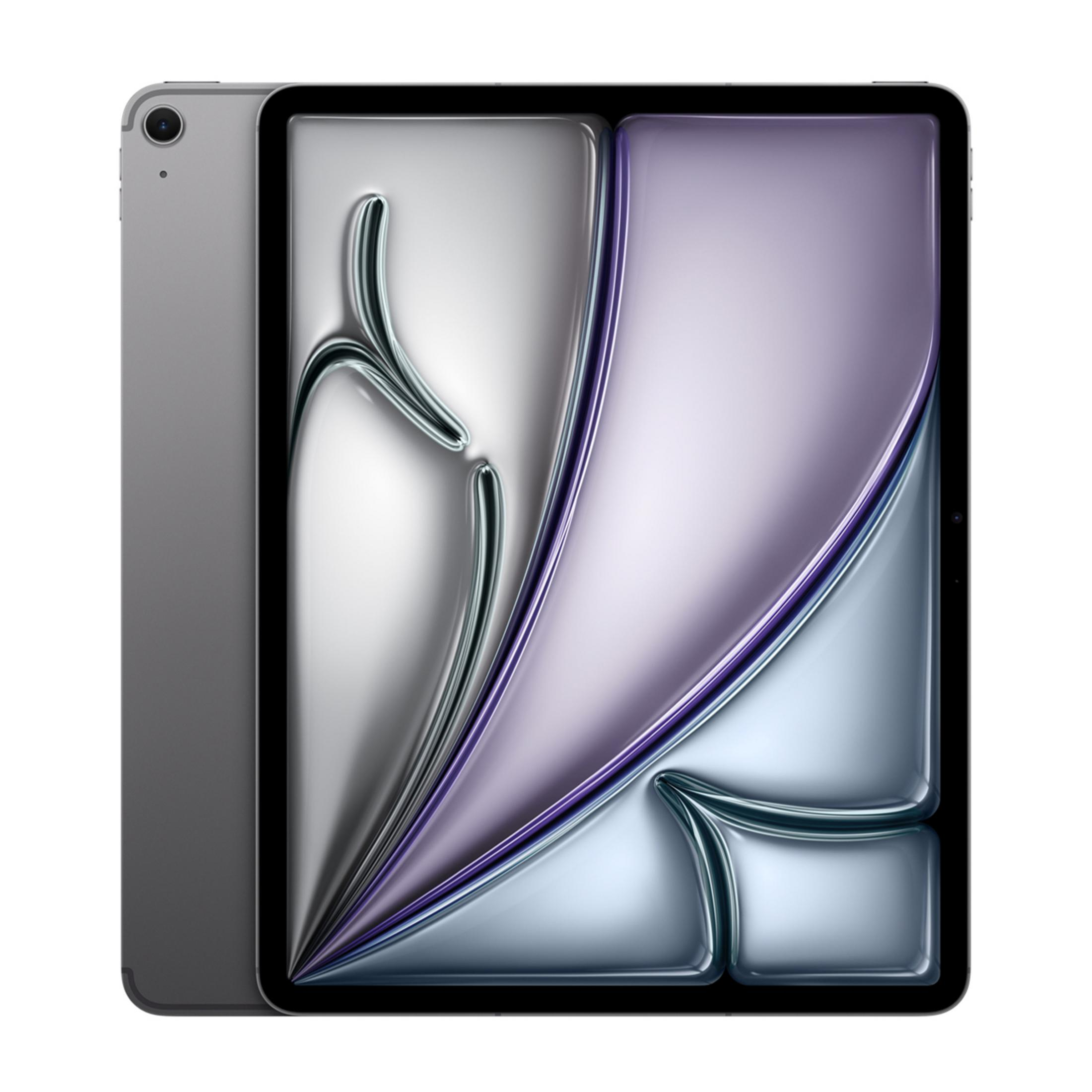 Graues Tablet mit einem abstrakten, metallisch glänzenden Hintergrund auf dem Bildschirm.