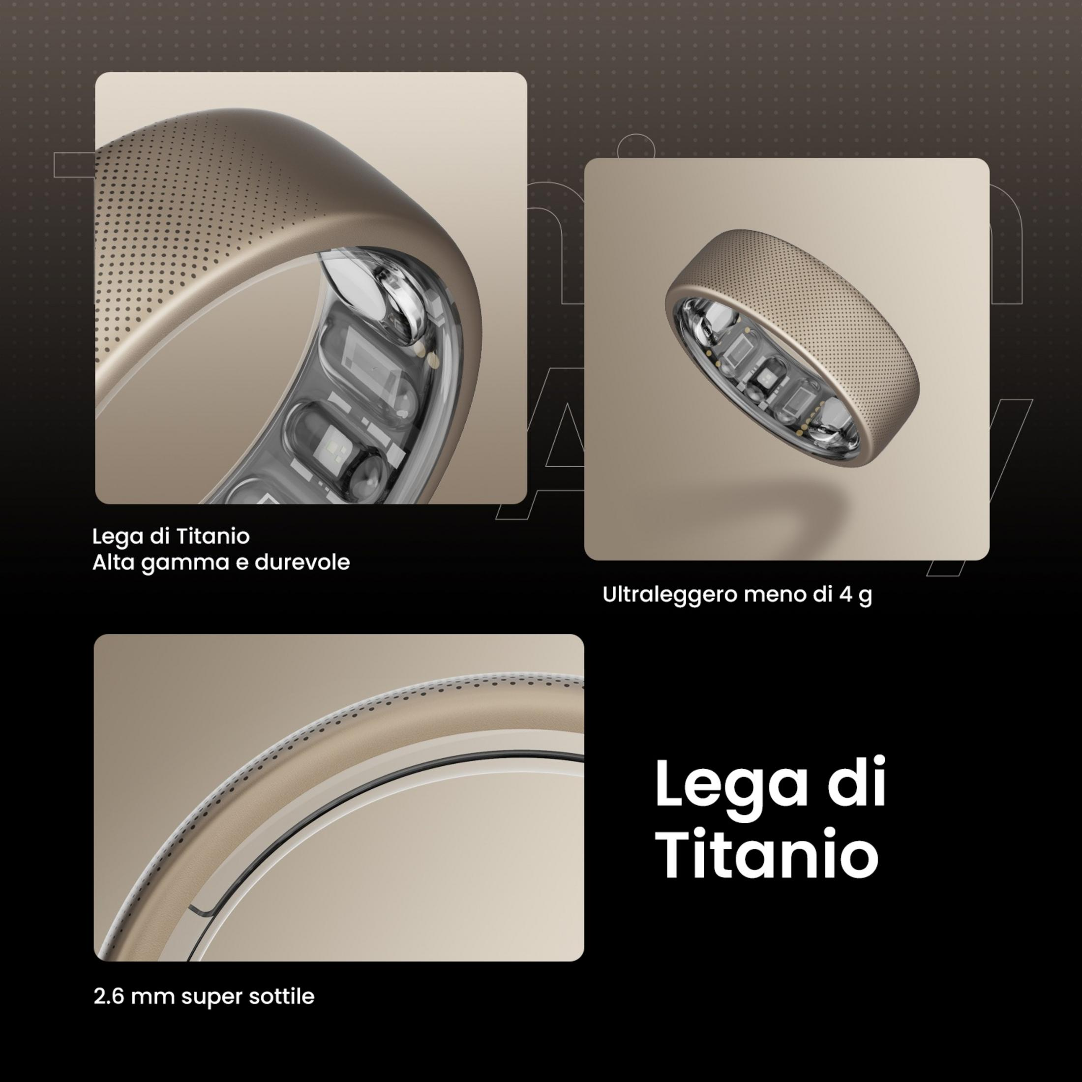 Een gouden titanium ring met perforatie en transparante inzetstukken.
