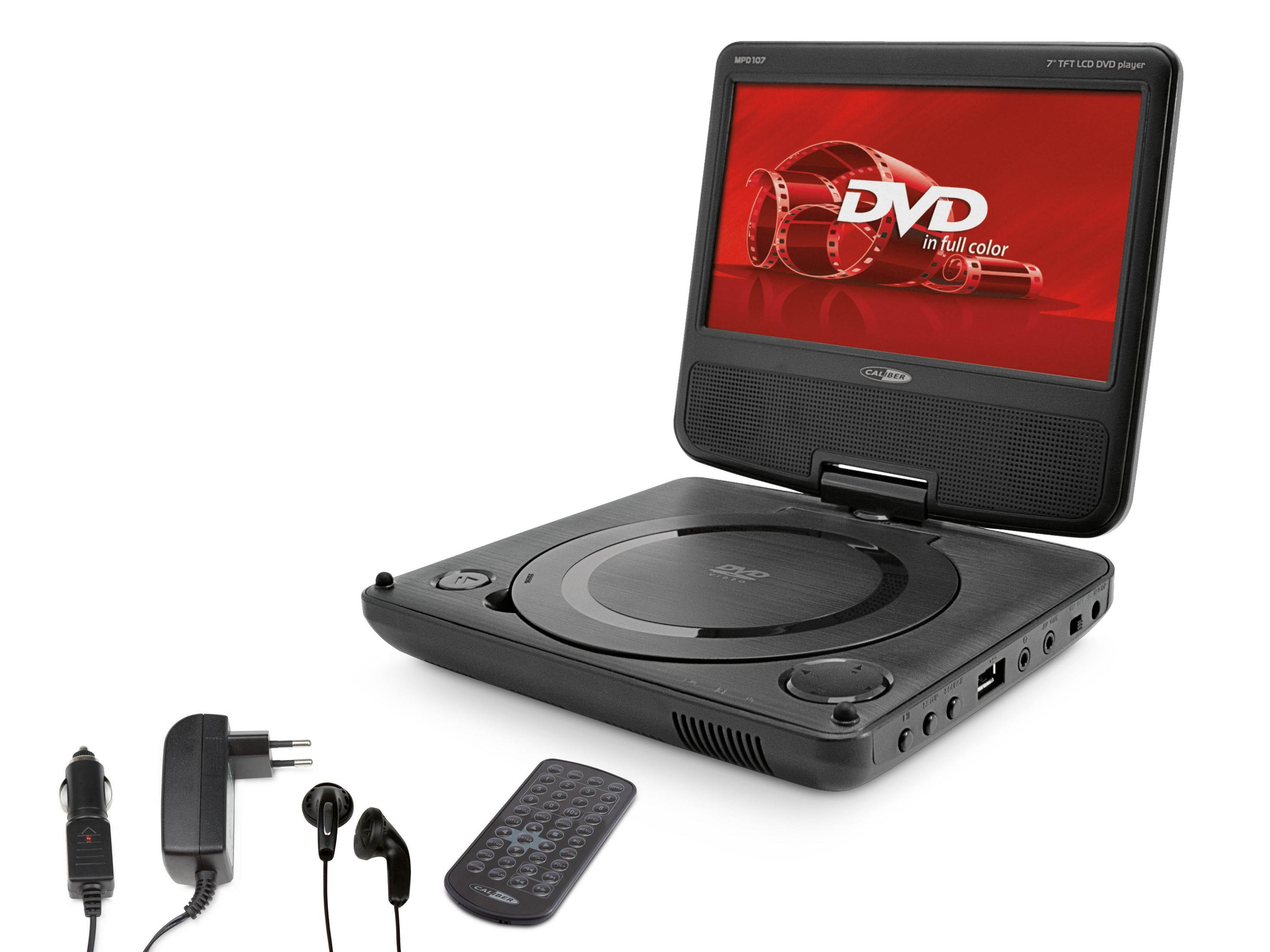 Schwarzer tragbarer DVD-Player mit Zubehör: Fernbedienung, Ohrhörer, Autoladegerät, Netzteil.