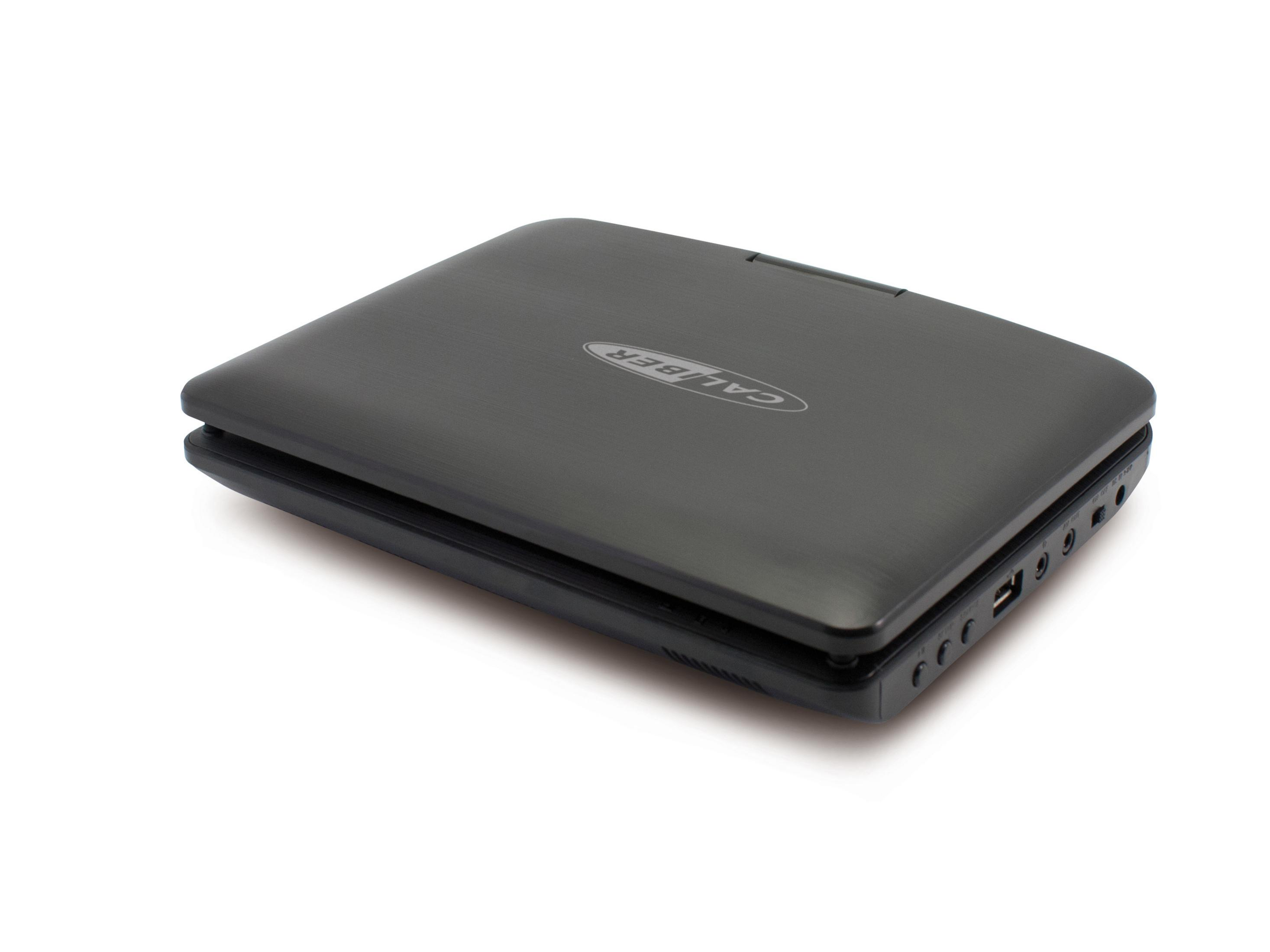 Ein geschlossener, dunkler tragbarer DVD-Player mit "CALIBER"-Logo.