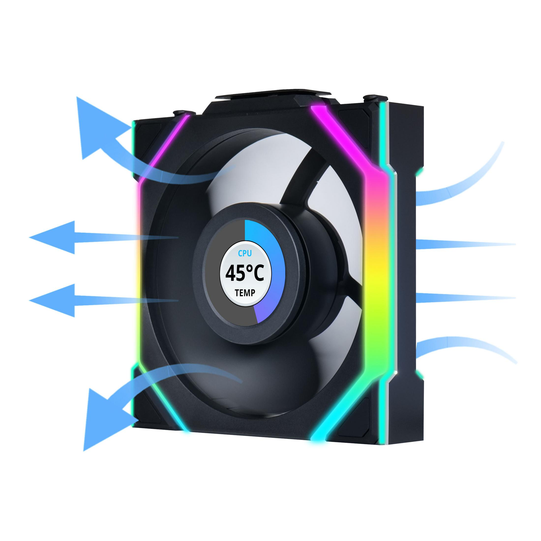 Ein schwarzer Lüfter mit RGB-Beleuchtung zeigt 45°C CPU-Temperatur an.