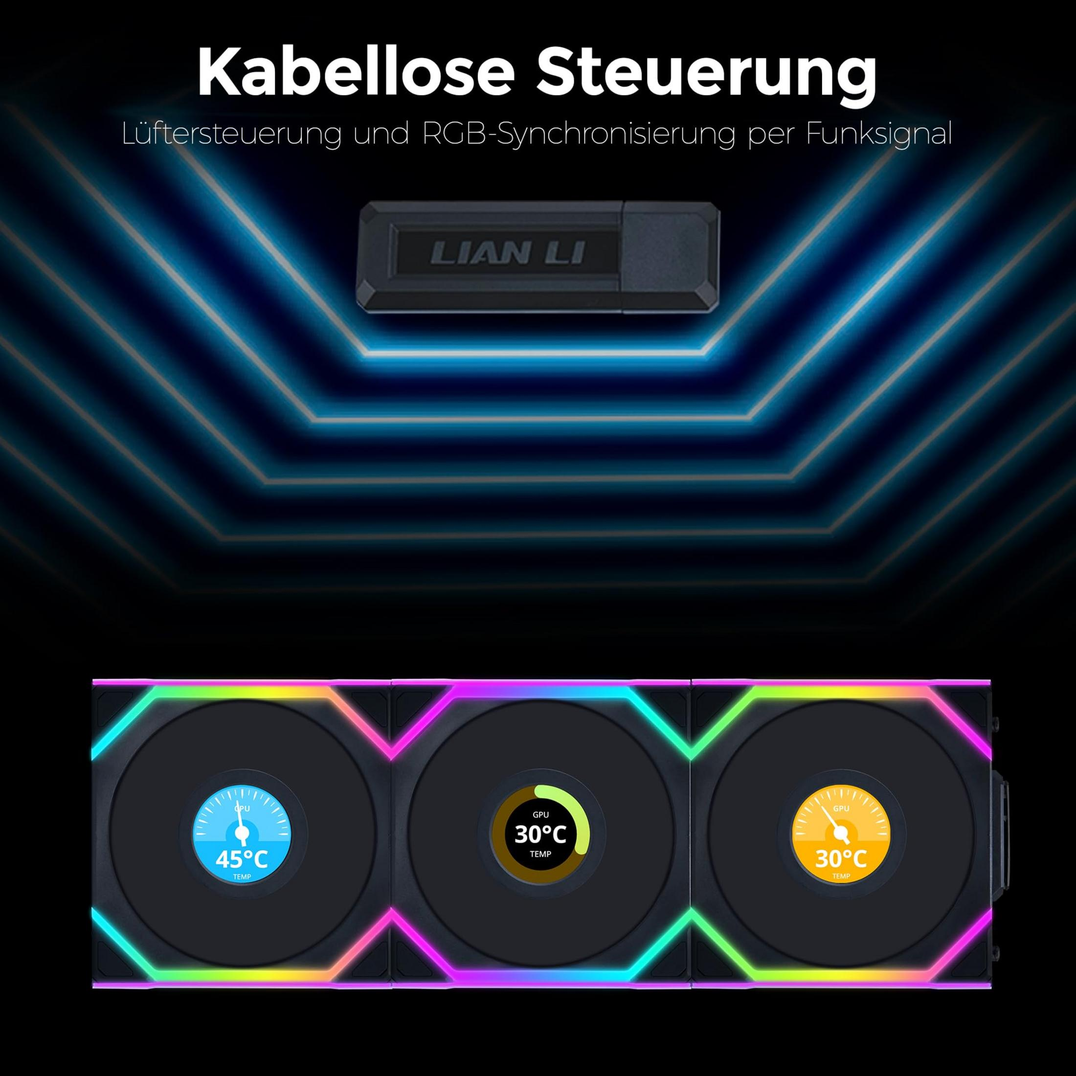 Lüfter mit RGB-Beleuchtung und Temperaturanzeige, neben einem LIAN LI USB-Dongle.