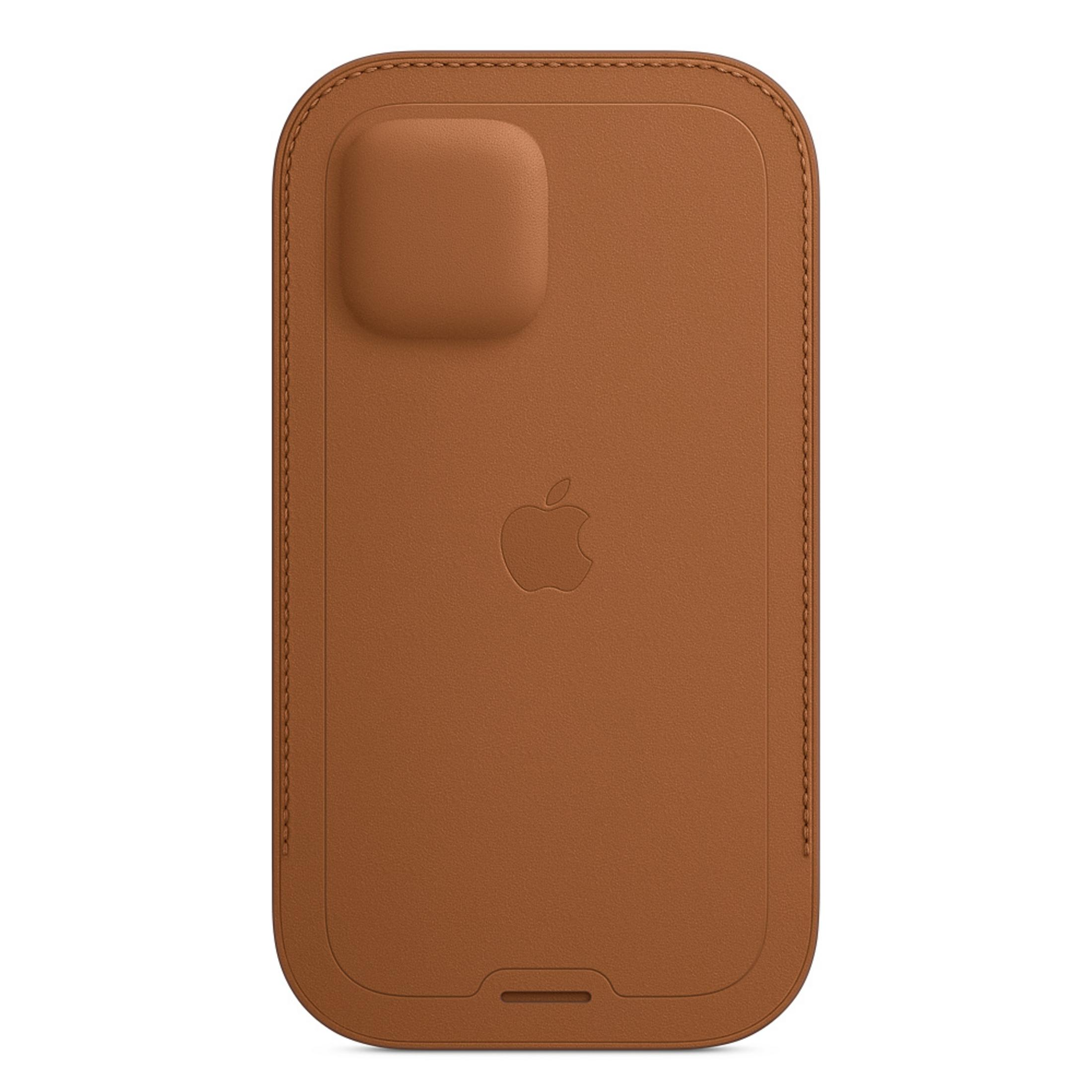 Brown leather case with Apple logo and camera cutout.