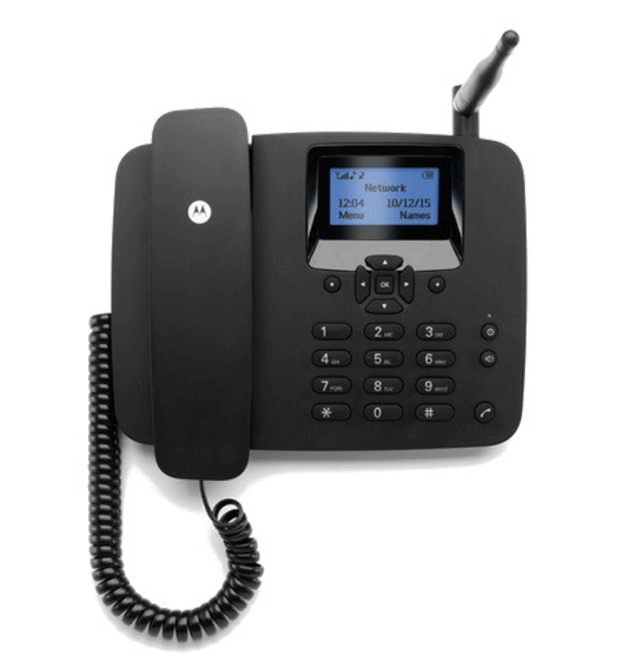 Un telefono fisso nero con antenna e display.