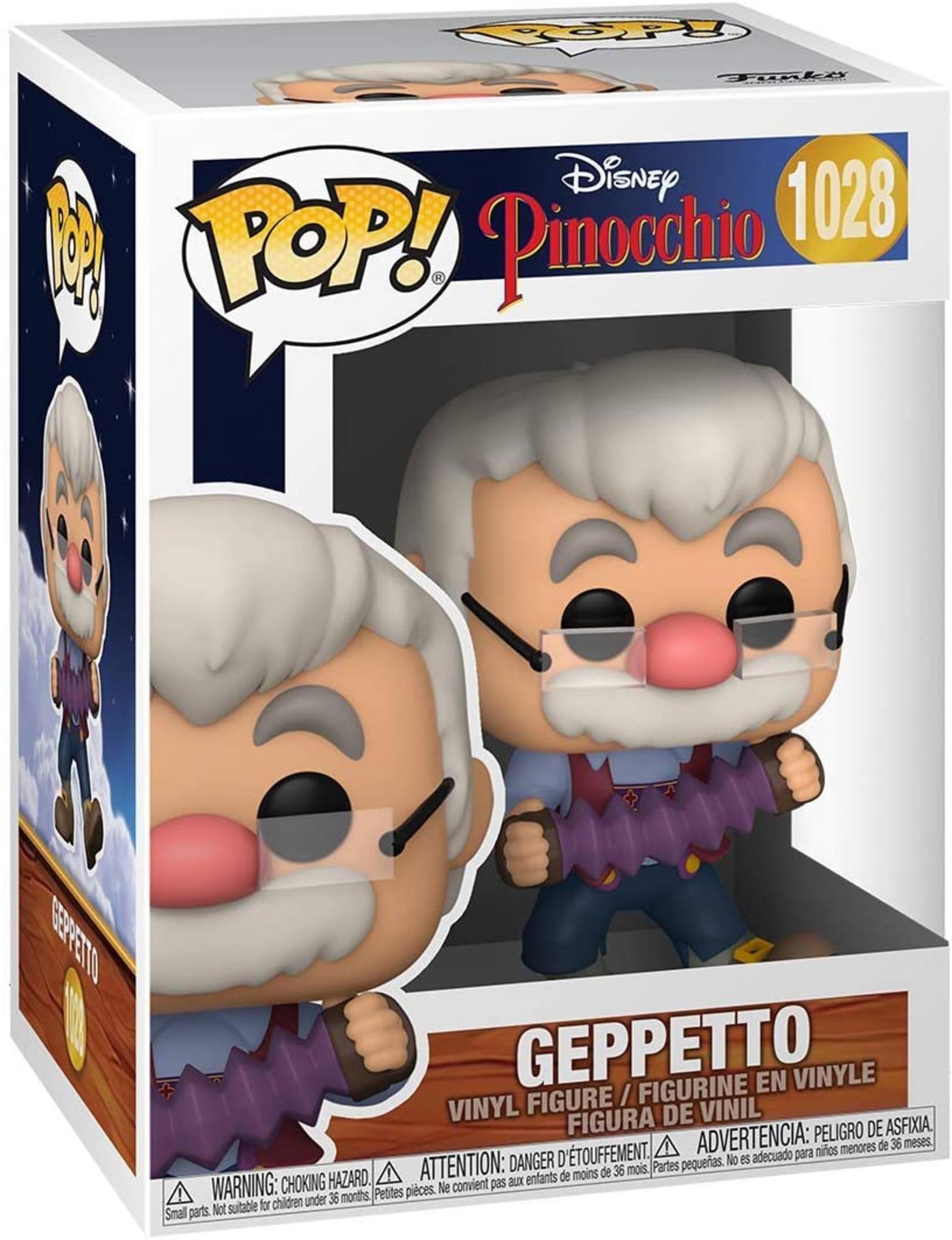 Action figure Funko Pop! di Geppetto da Pinocchio Disney, n. 1028, con fisarmonica.
