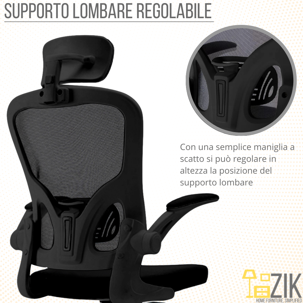 Supporto lombare regolabile nero per sedia da ufficio con poggiatesta.