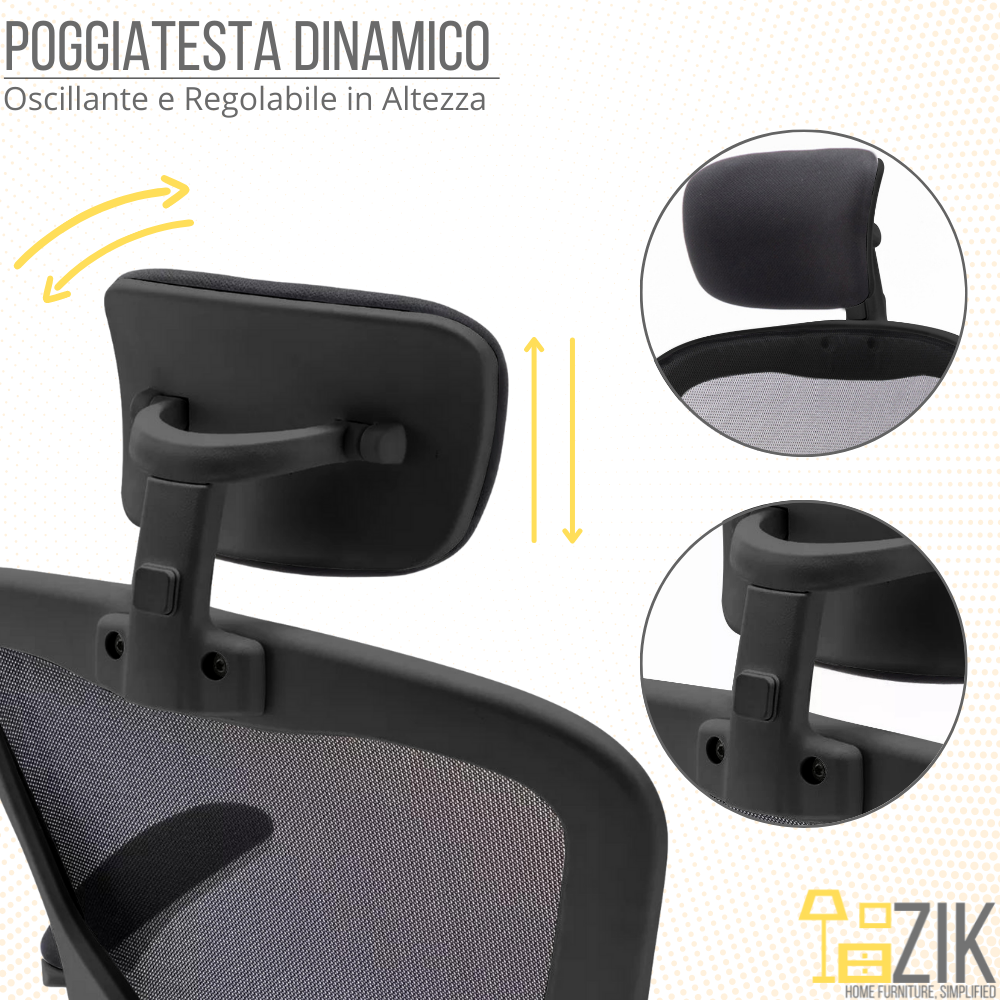 Sedia da ufficio nera con schienale in rete regolabile e poggiatesta.