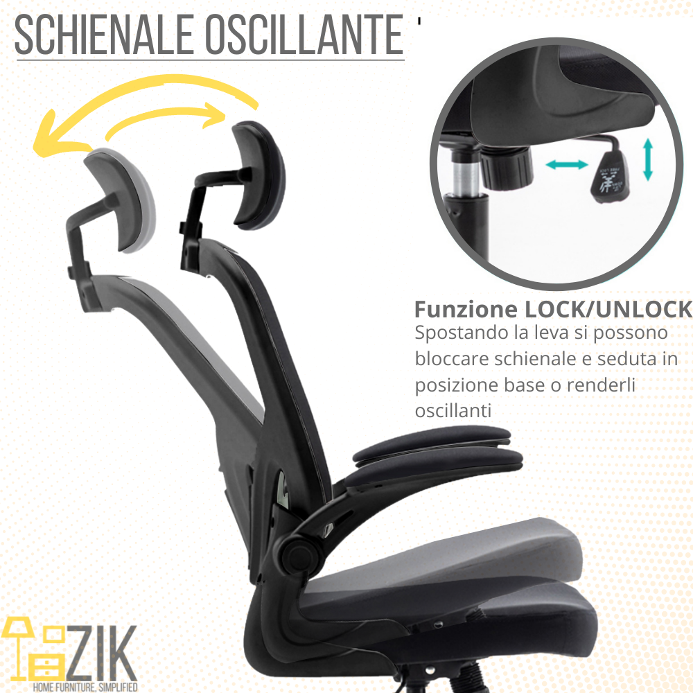Sedia da ufficio nera con poggiatesta regolabile e funzione oscillante.