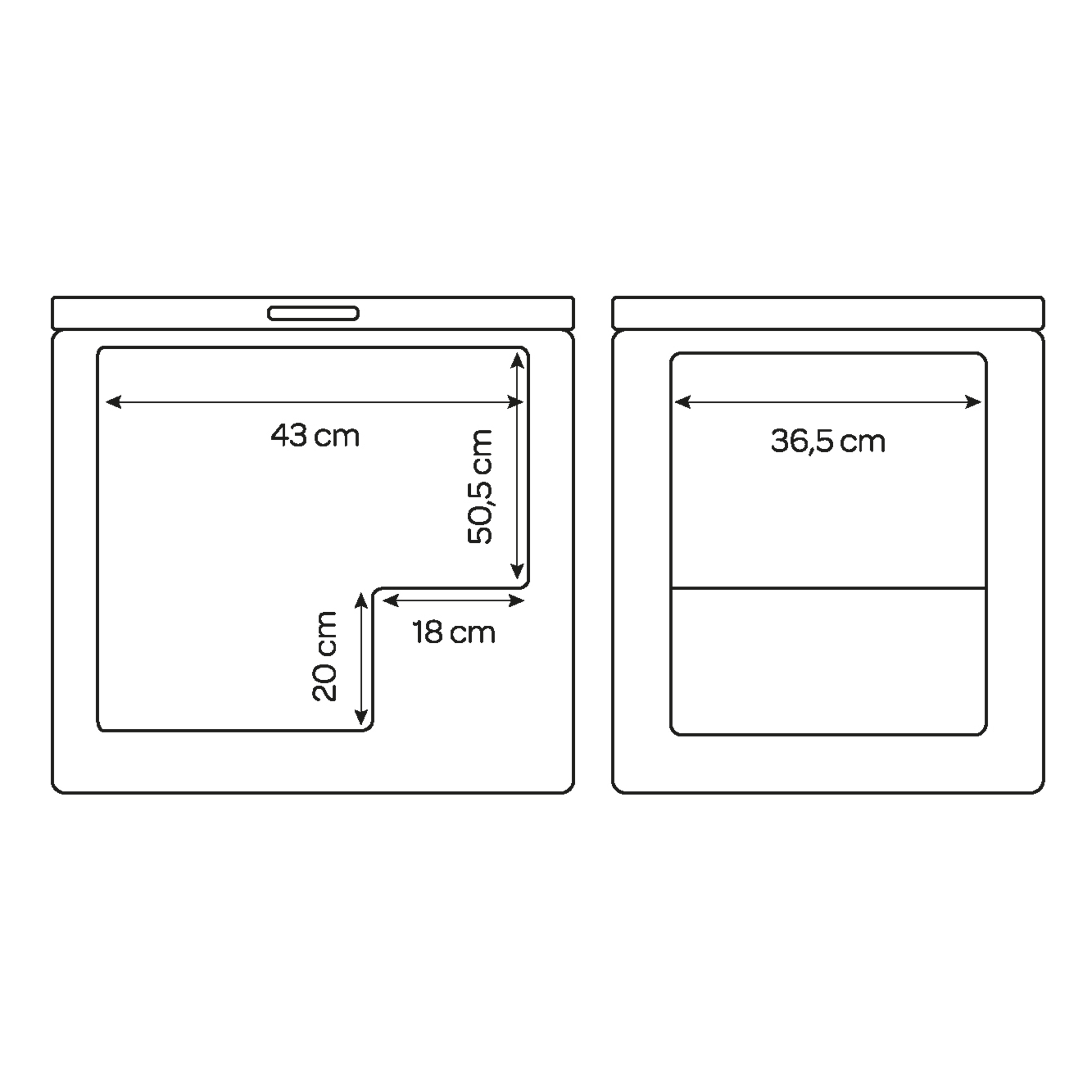 Twee schematische weergaven van een oven met afmetingen.