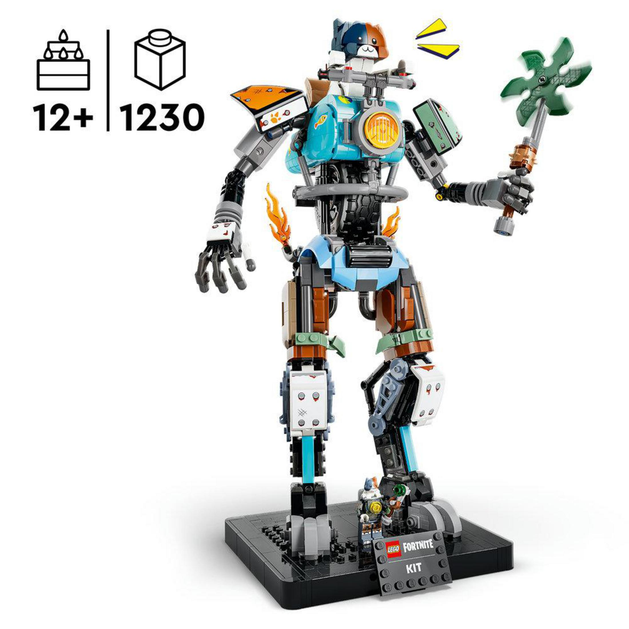 Yeşil yıldız şeklinde silah tutan, kedi benzeri başlı Lego Fortnite tarzı robot.