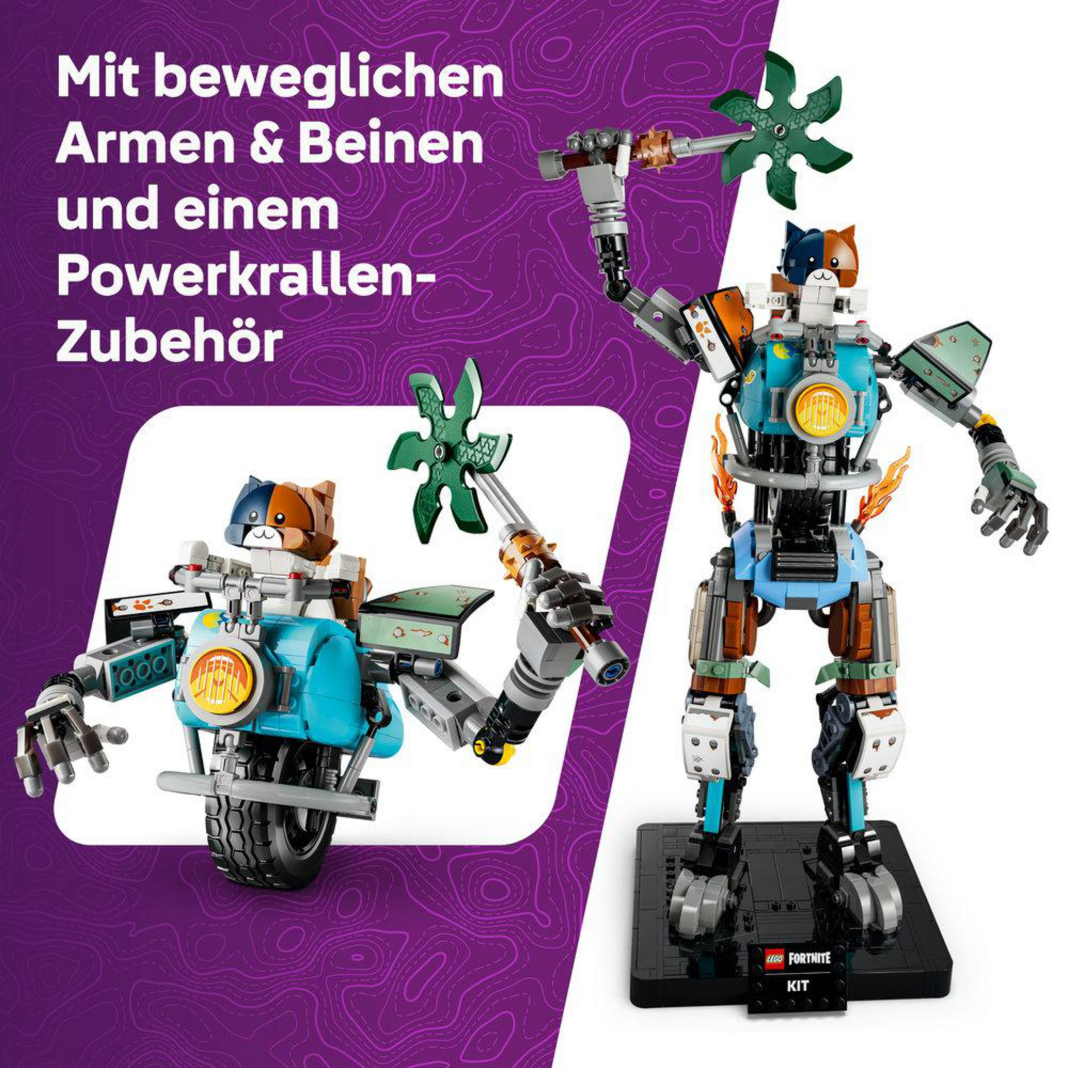 Kedi başlı bir Lego robotu ve bir araç.