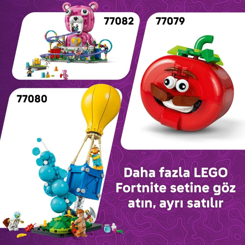 Üç LEGO Fortnite seti: Ayıcık atlıkarınca, Domates ve Sıcak Hava Balonu.
