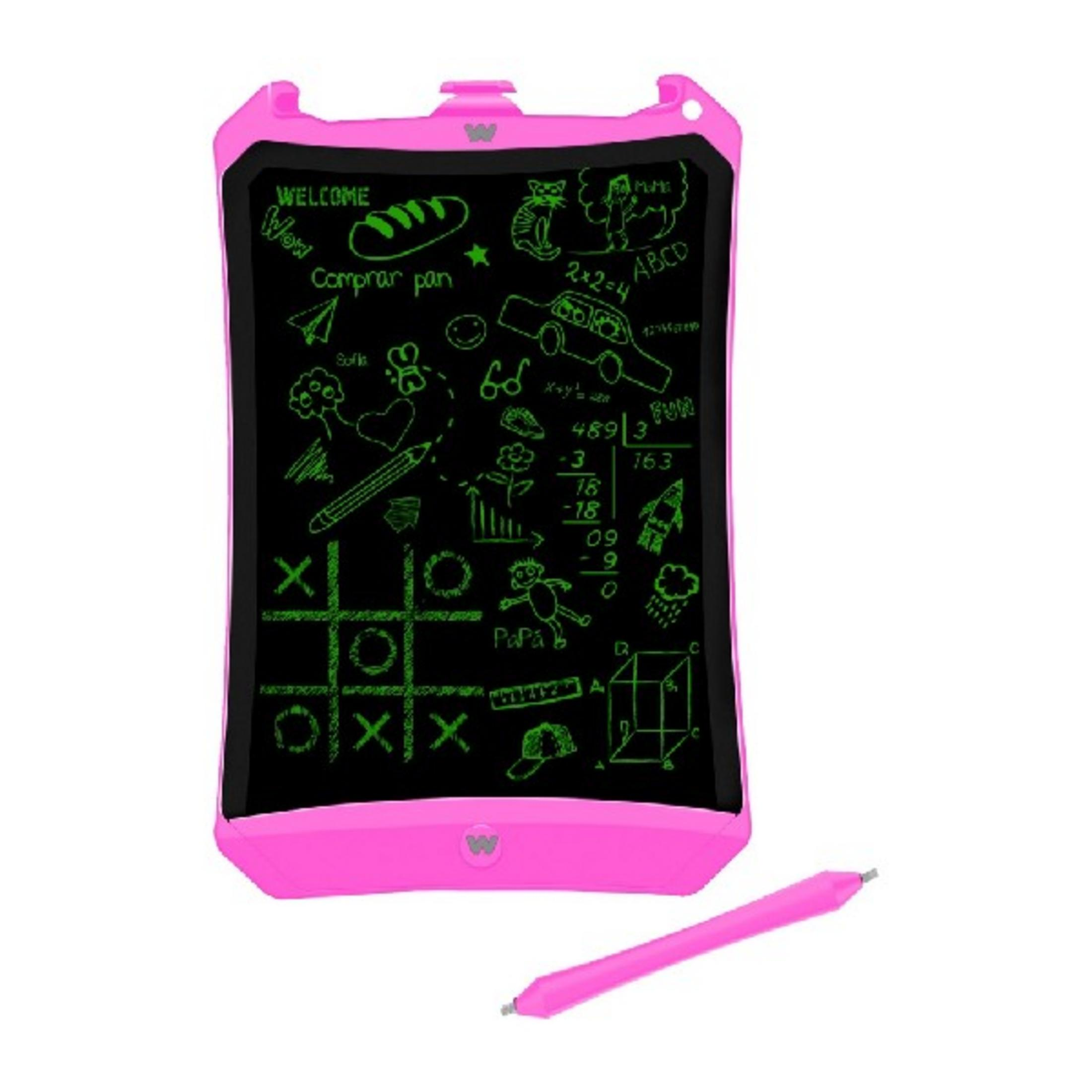Ein rosa LCD-Schreibtablett mit grünen Zeichnungen und Stift.