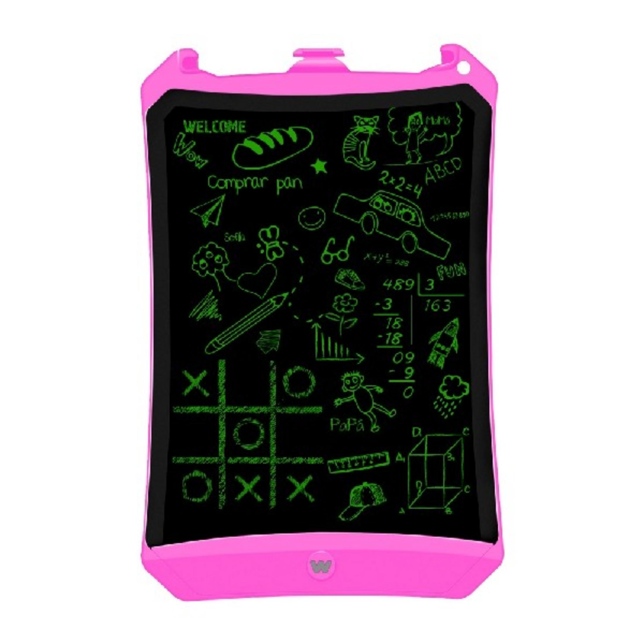 Ein rosafarbener LCD-Schreibblock mit grünen Kritzeleien, Zahlen und Spielen.