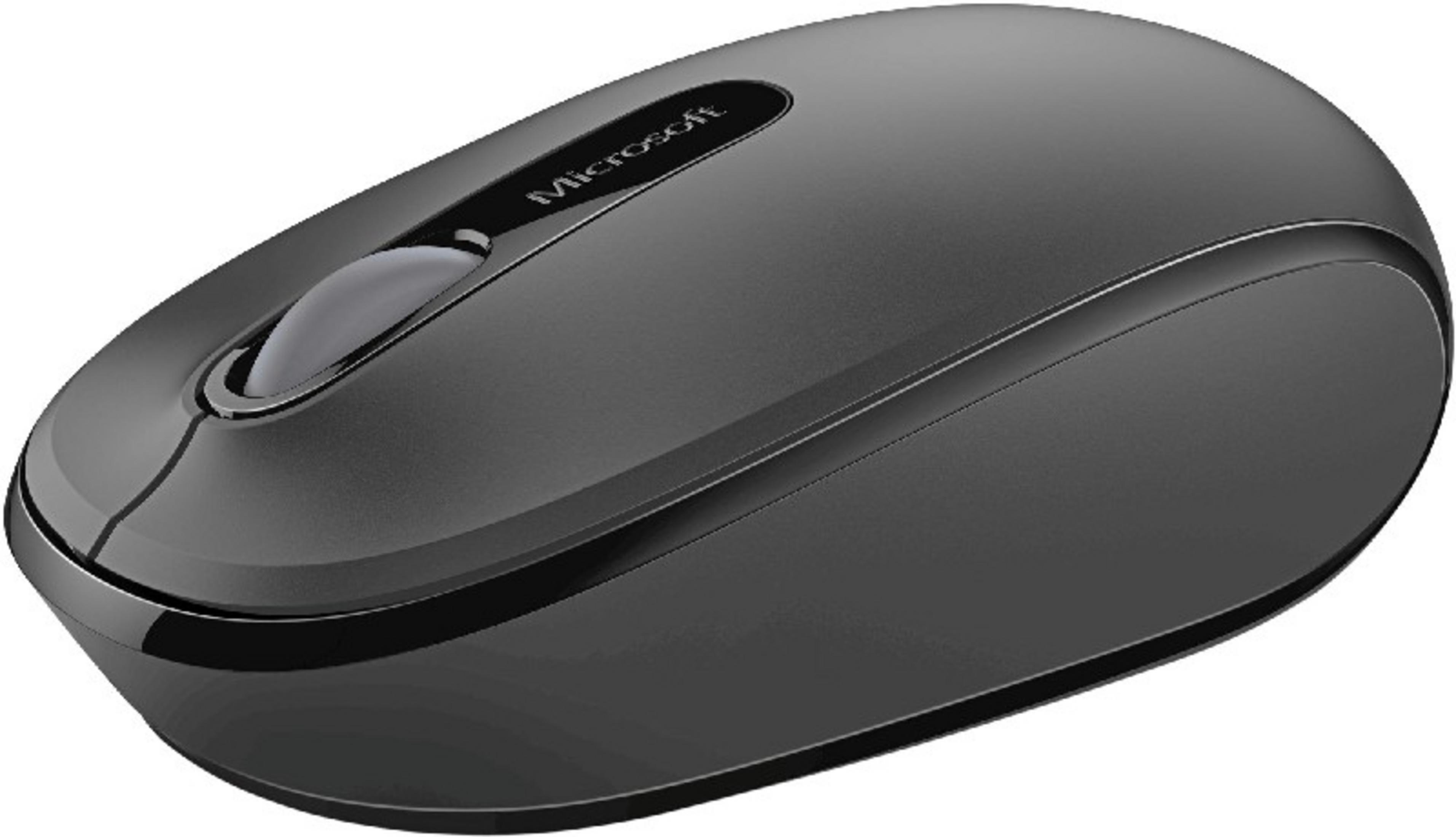 Un mouse Microsoft nero con rotellina e logo Microsoft.