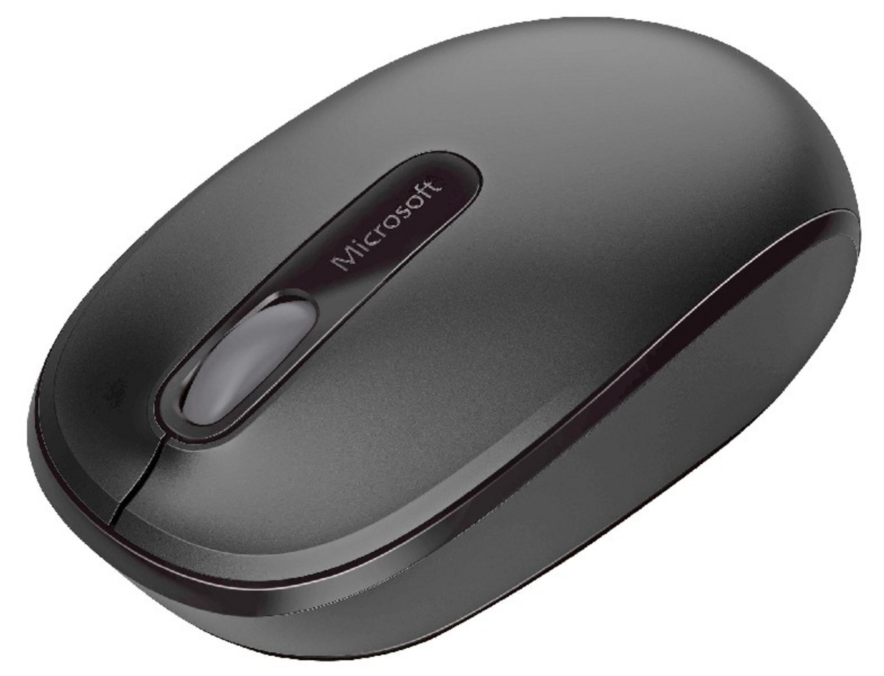 Un mouse Microsoft nero con rotellina di scorrimento, su sfondo bianco.