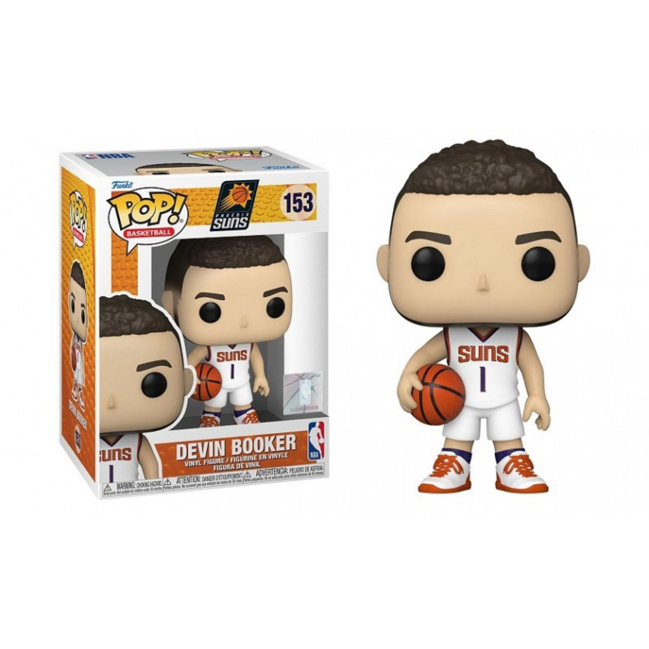 Funko Pop Figur von Devin Booker, der einen Basketball hält. Weiße Uniform mit 'Suns'-Logo.