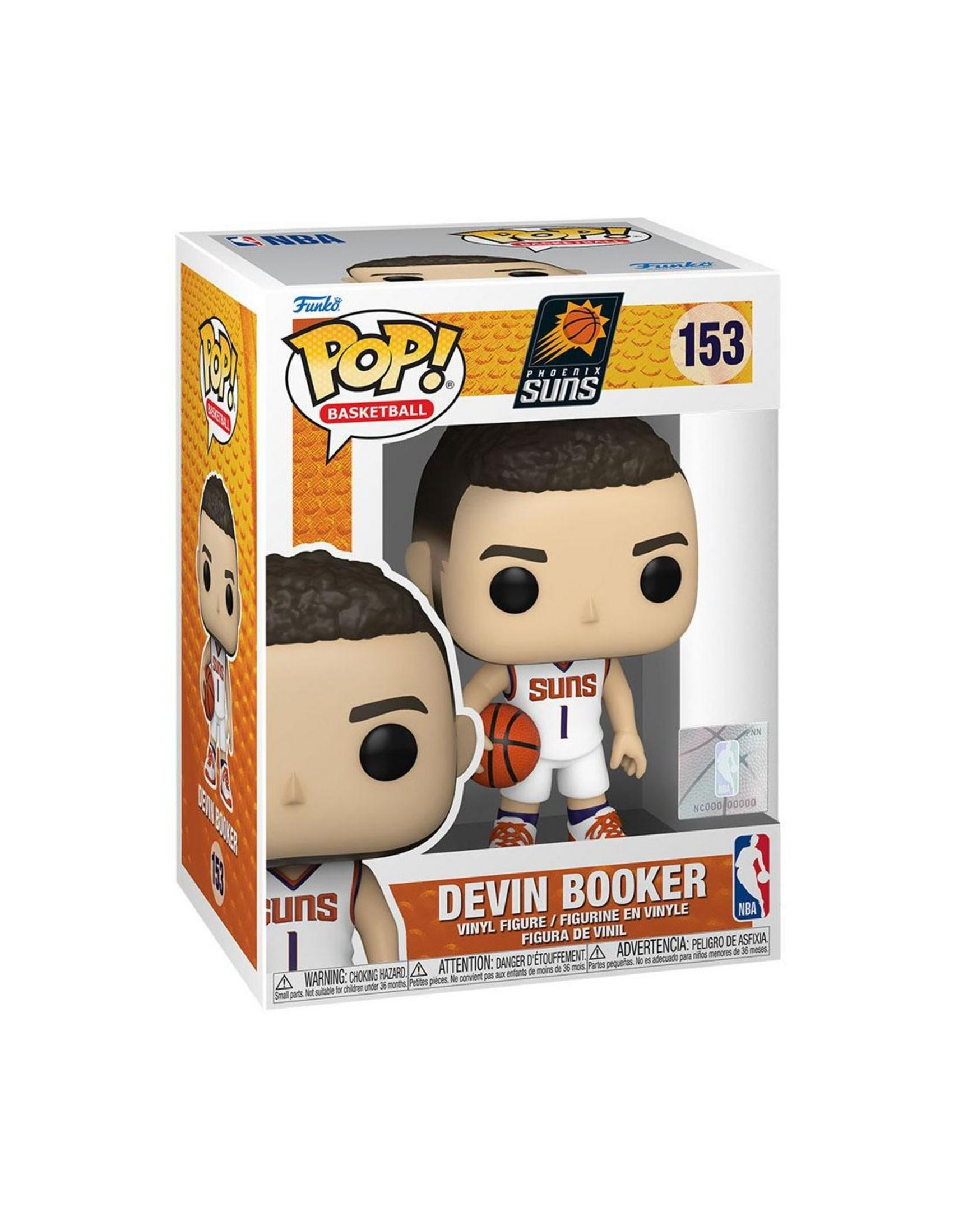 Funko Pop Figur von Devin Booker im Phoenix Suns Trikot mit Ball.