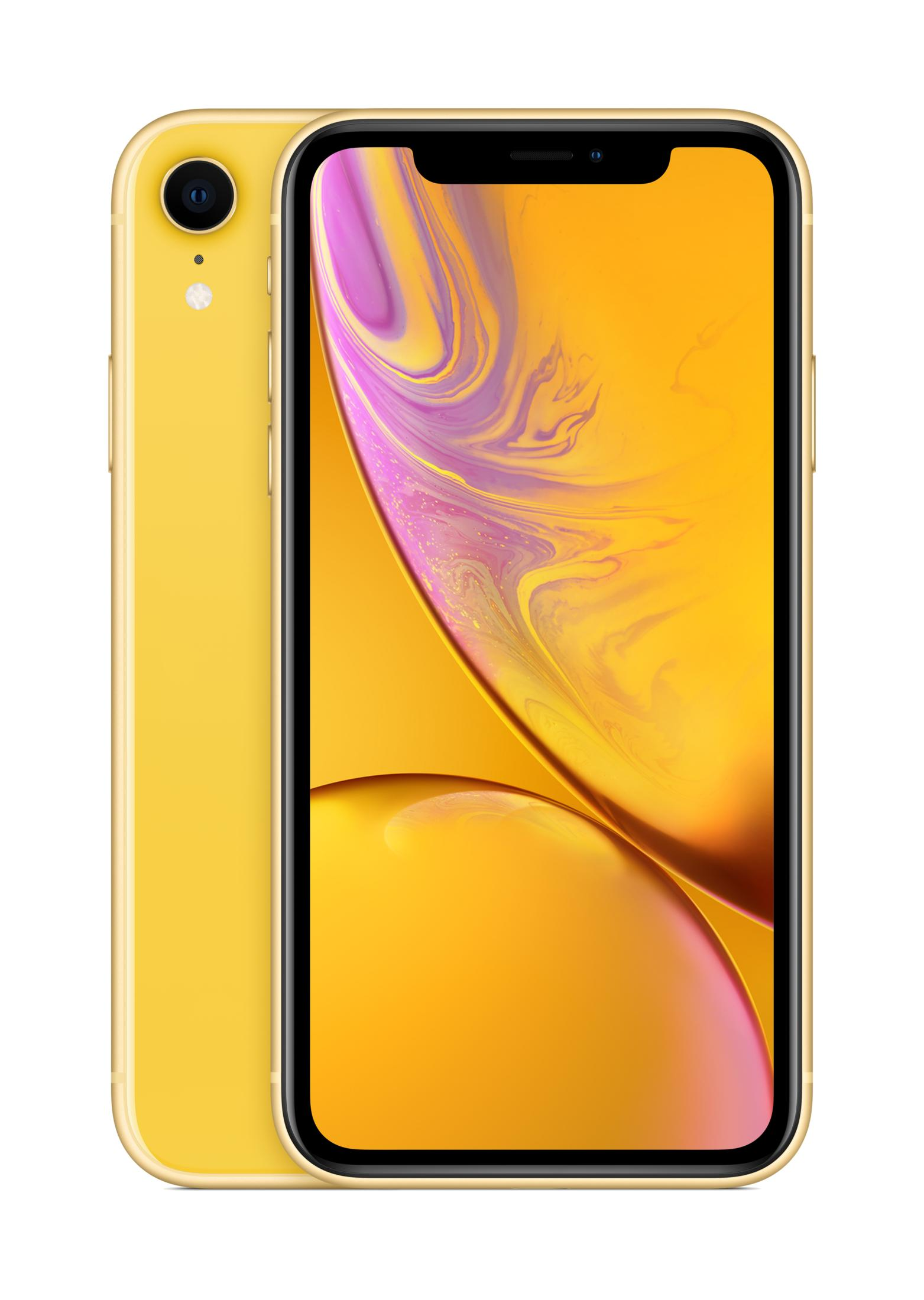 Un iPhone XR giallo con uno sfondo arancione e viola sullo schermo.