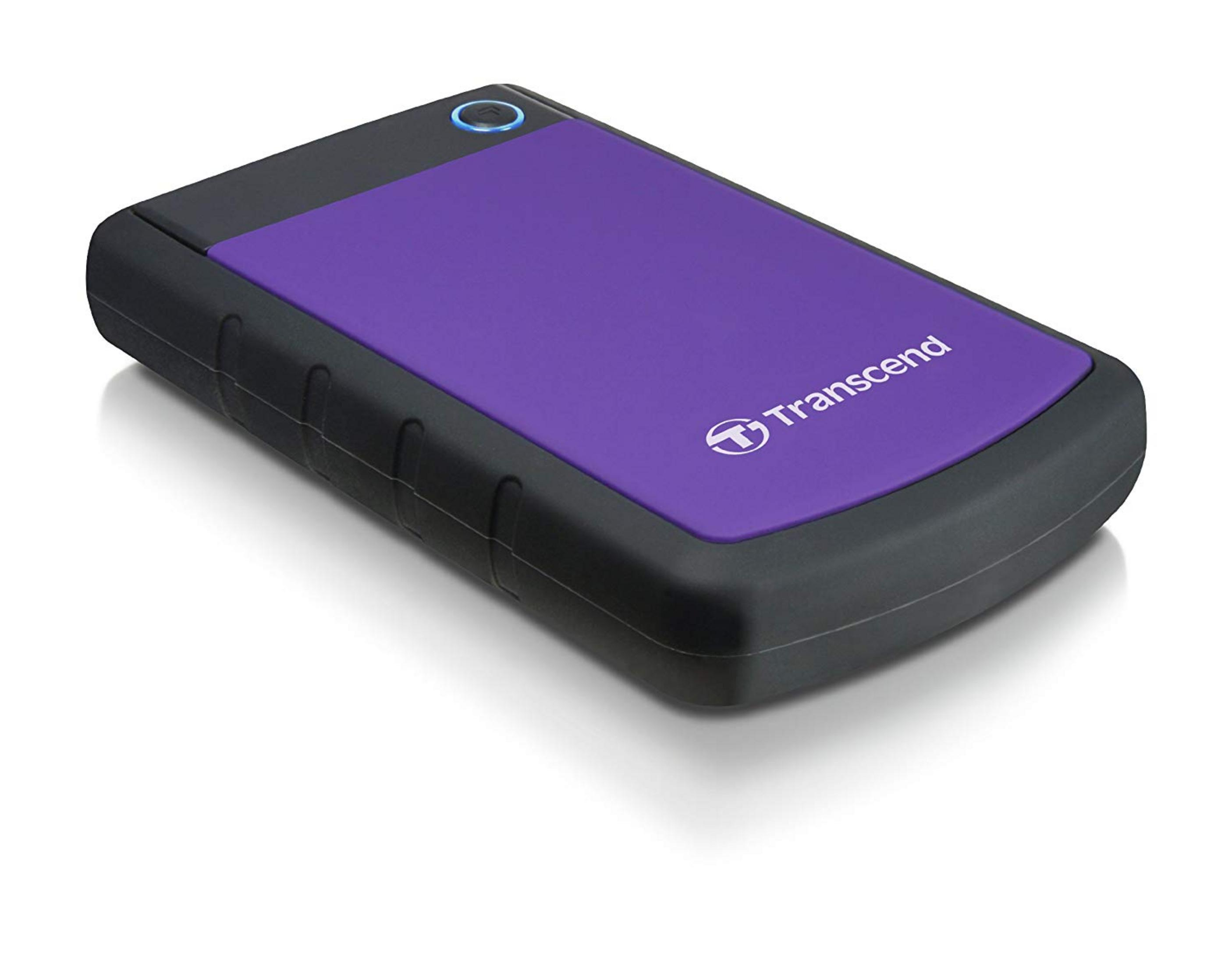 Un hard disk esterno Transcend viola con indicatore luminoso blu.