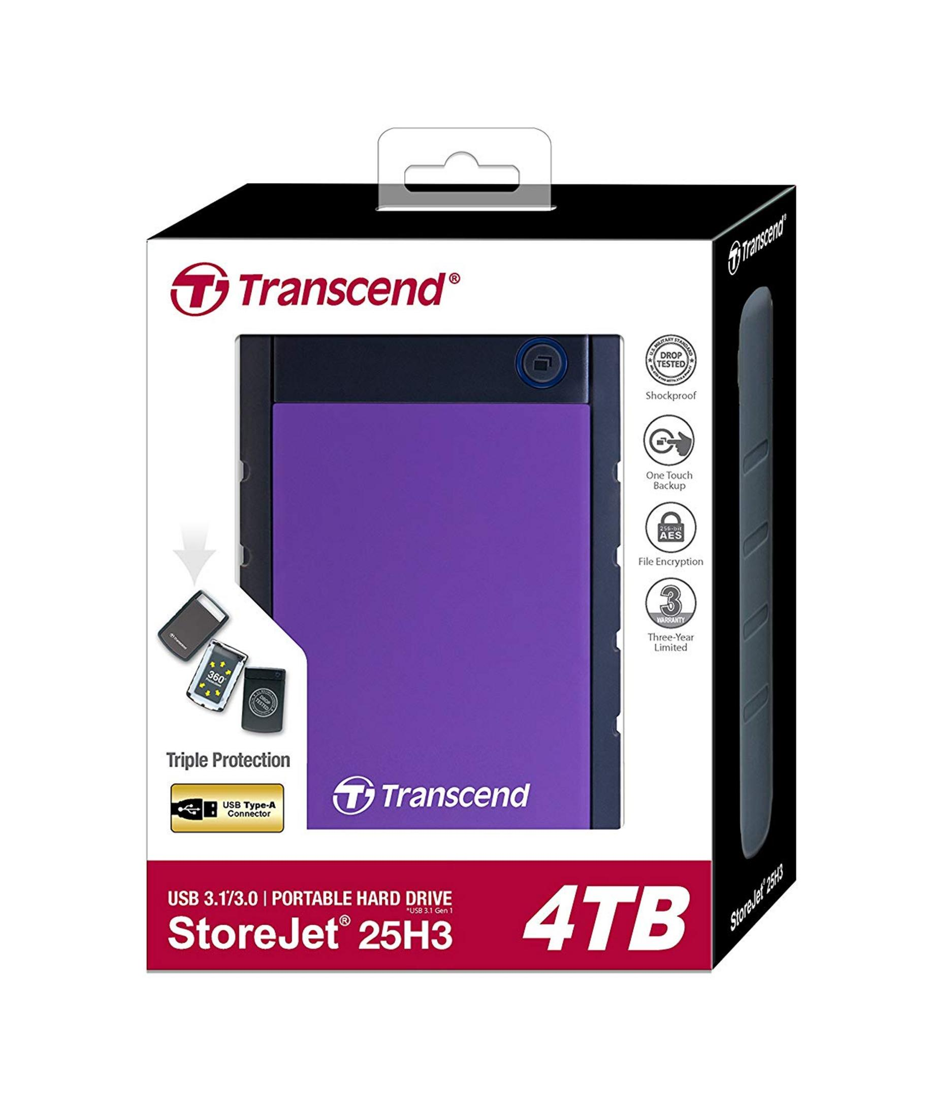 Confezione viola hard disk portatile Transcend StoreJet 25H3 4TB. Resistente urti, backup, crittografia.