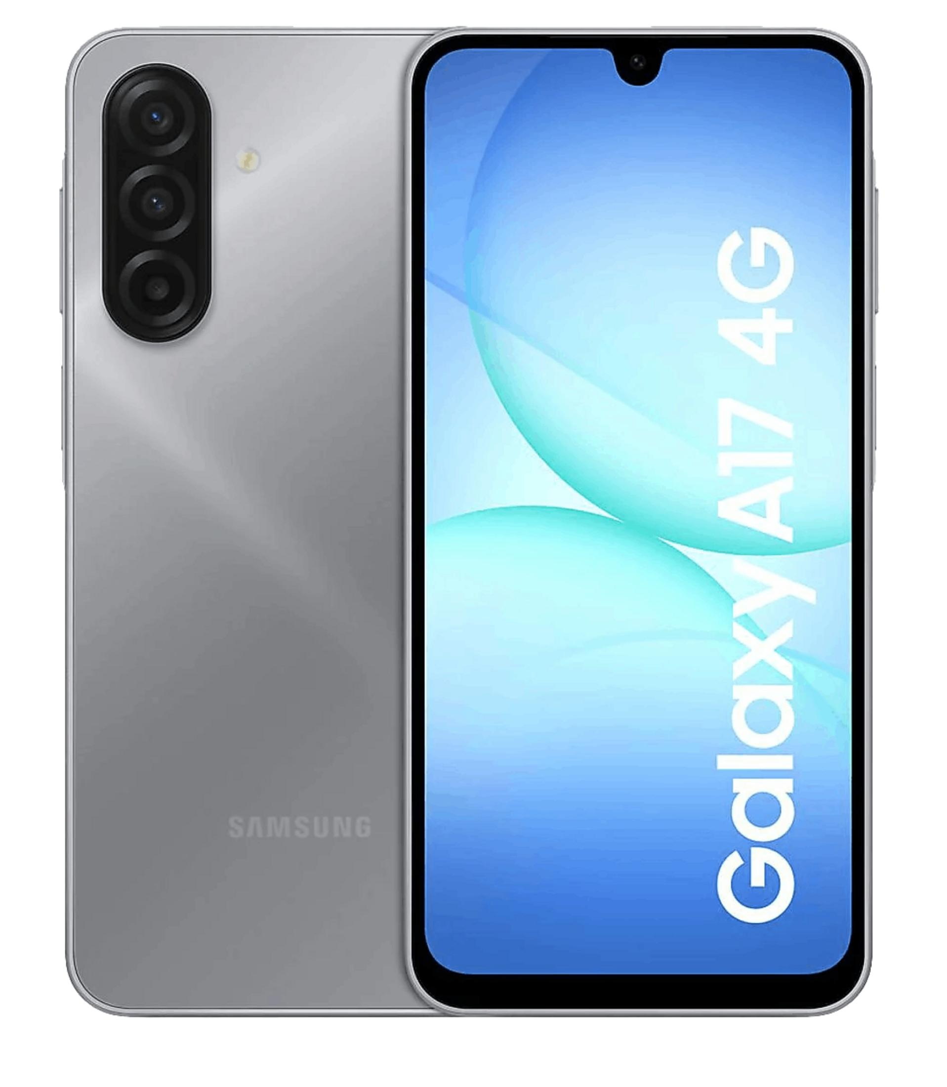 Smartphone Samsung Galaxy A17 4G argento con tripla fotocamera posteriore e display blu.