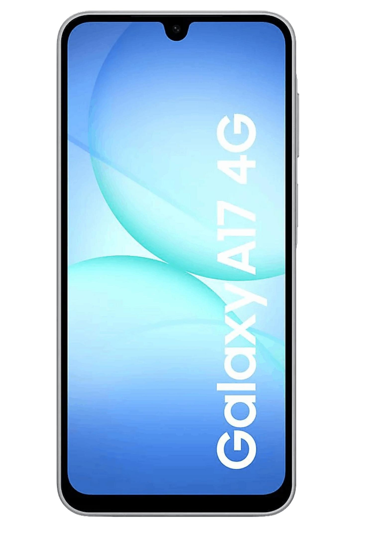 Uno smartphone Samsung Galaxy A17 4G argentato con grafica di sfondo blu.