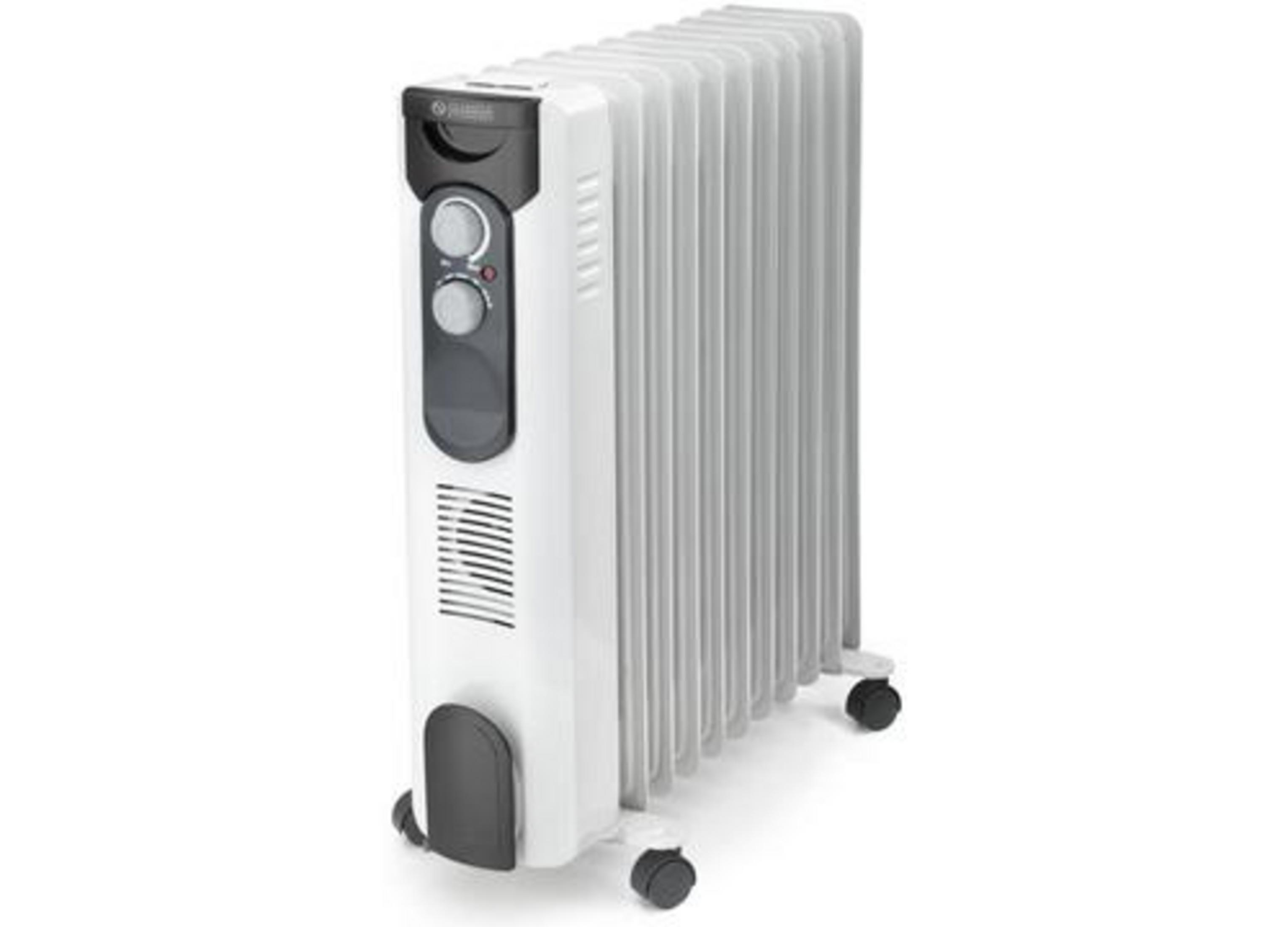 Een witte oliegevulde radiatorverwarming met wielen en zwarte bediening.