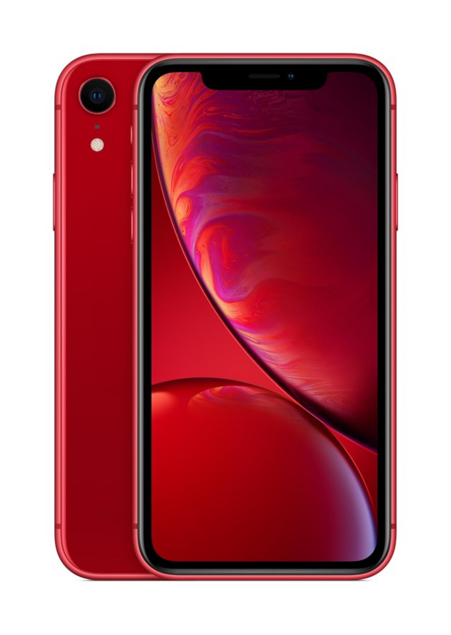 Un iPhone XR rosso con uno sfondo colorato visualizzato sullo schermo.