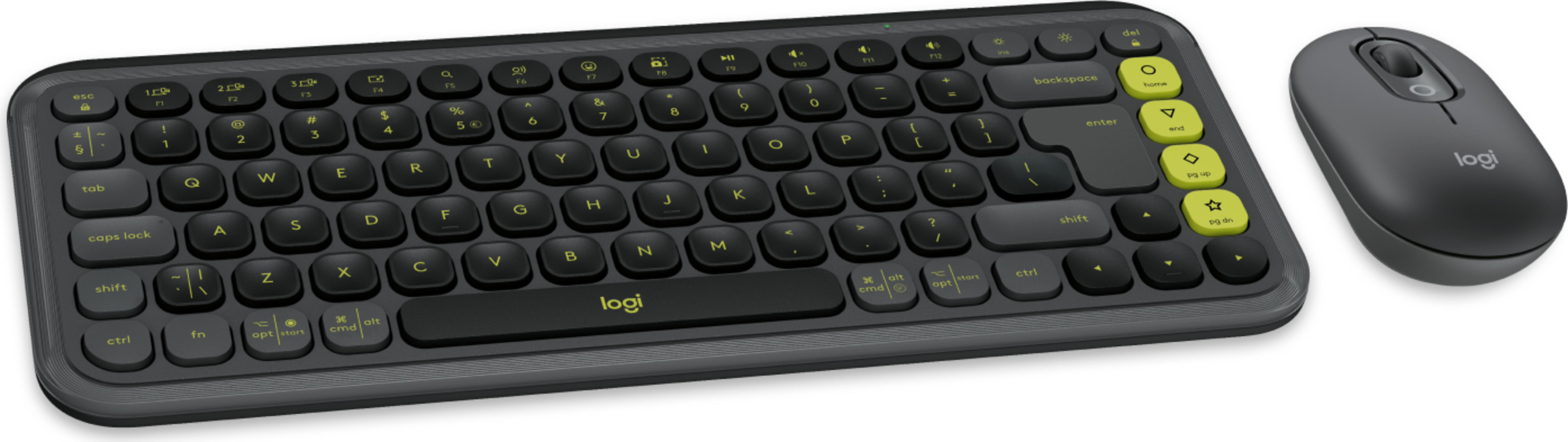 Teclado y ratón inalámbricos en gris oscuro con teclas de acento amarillas.