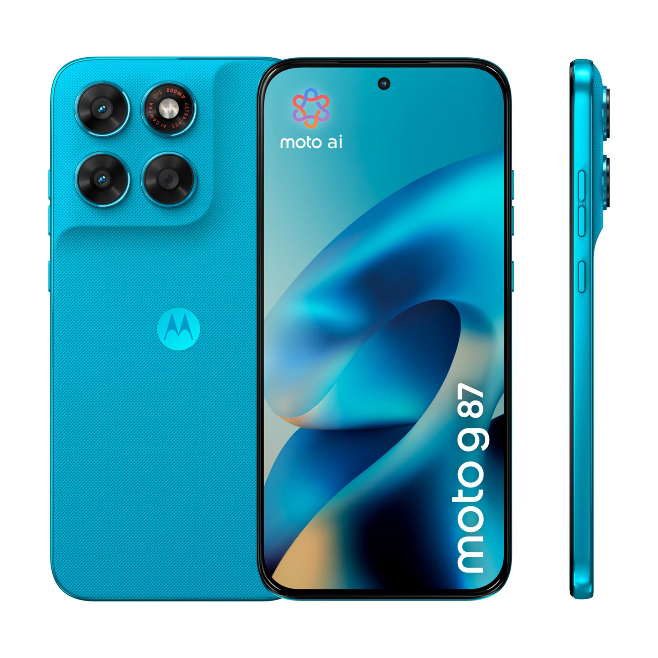 Tre viste di uno smartphone Motorola blu con configurazione quad-camera e