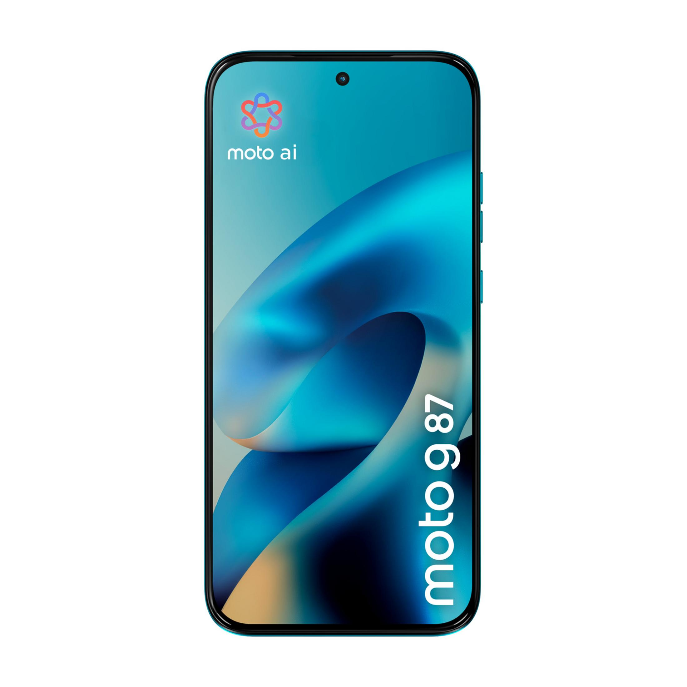 Uno smartphone con uno sfondo blu e fluido e il testo "moto g 87".