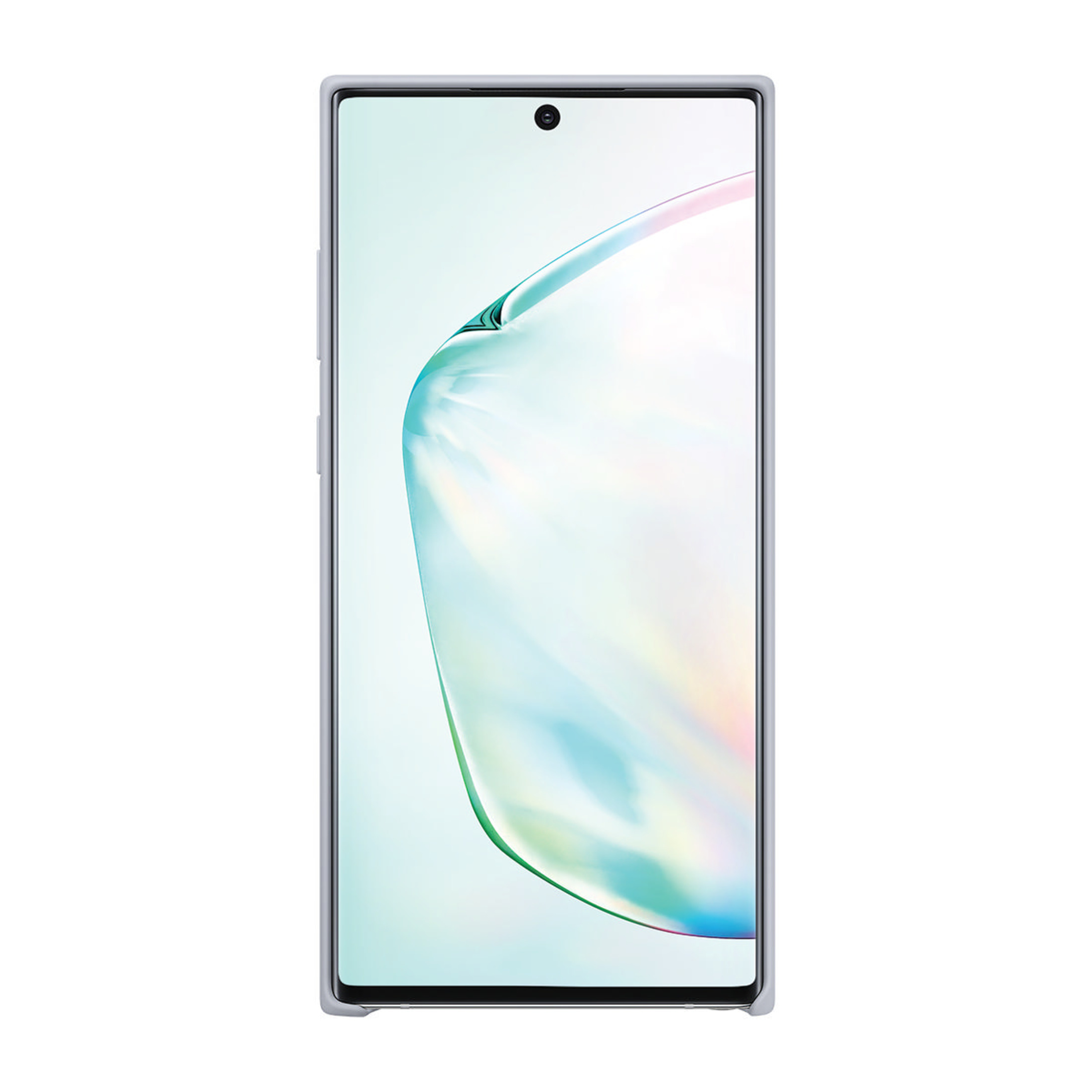 Uno smartphone elegante con cornice argentata e sfondo colorato.