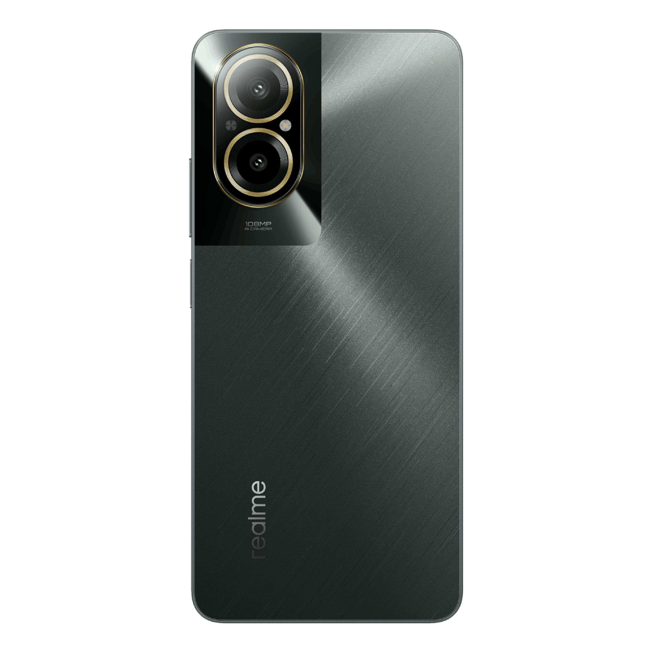 Retro di uno smartphone scuro con doppia fotocamera e logo Realme.