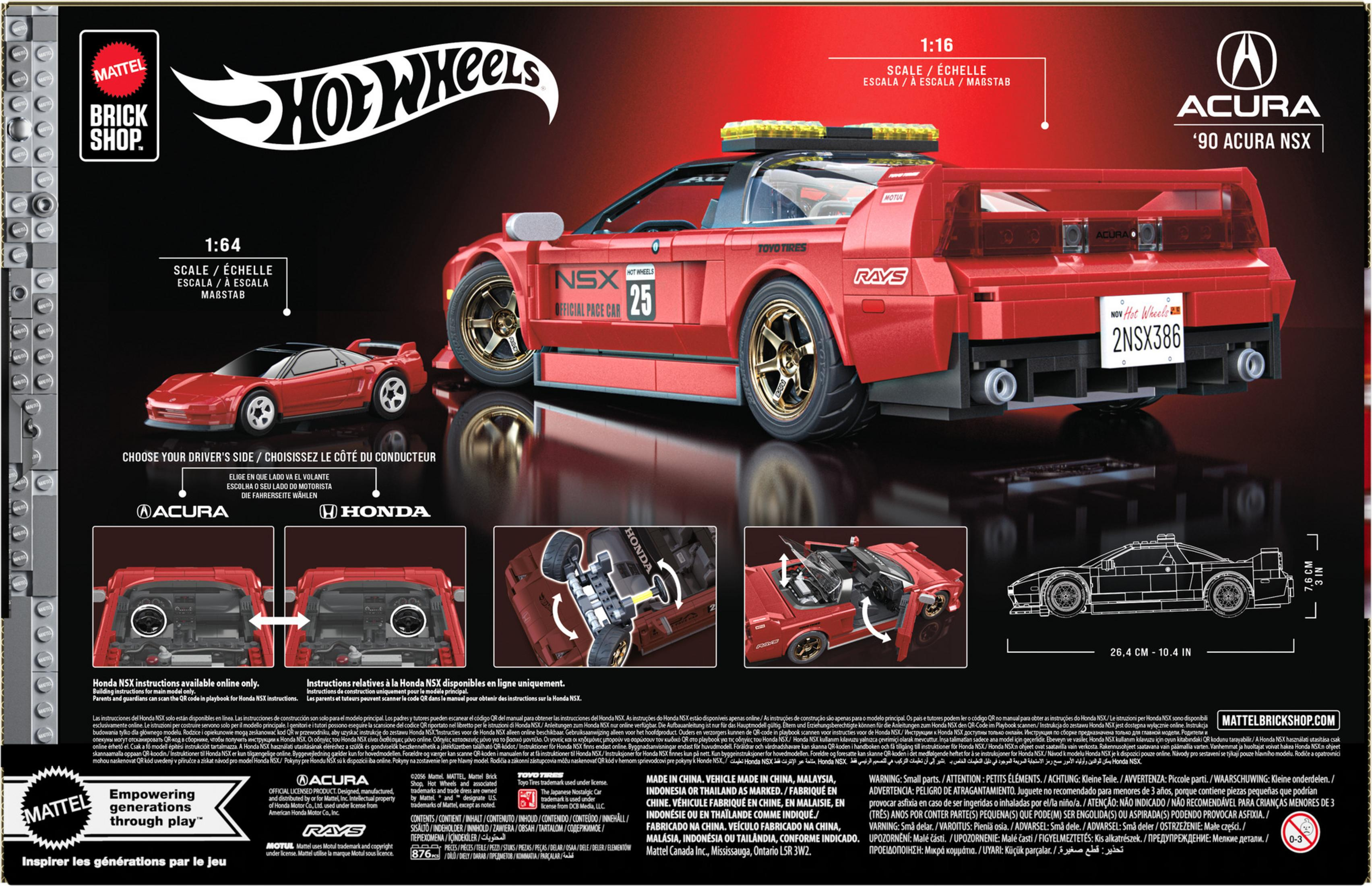Set di costruzione Lego rosso Hot Wheels '90 Acura NSX con accessori e istruzioni.