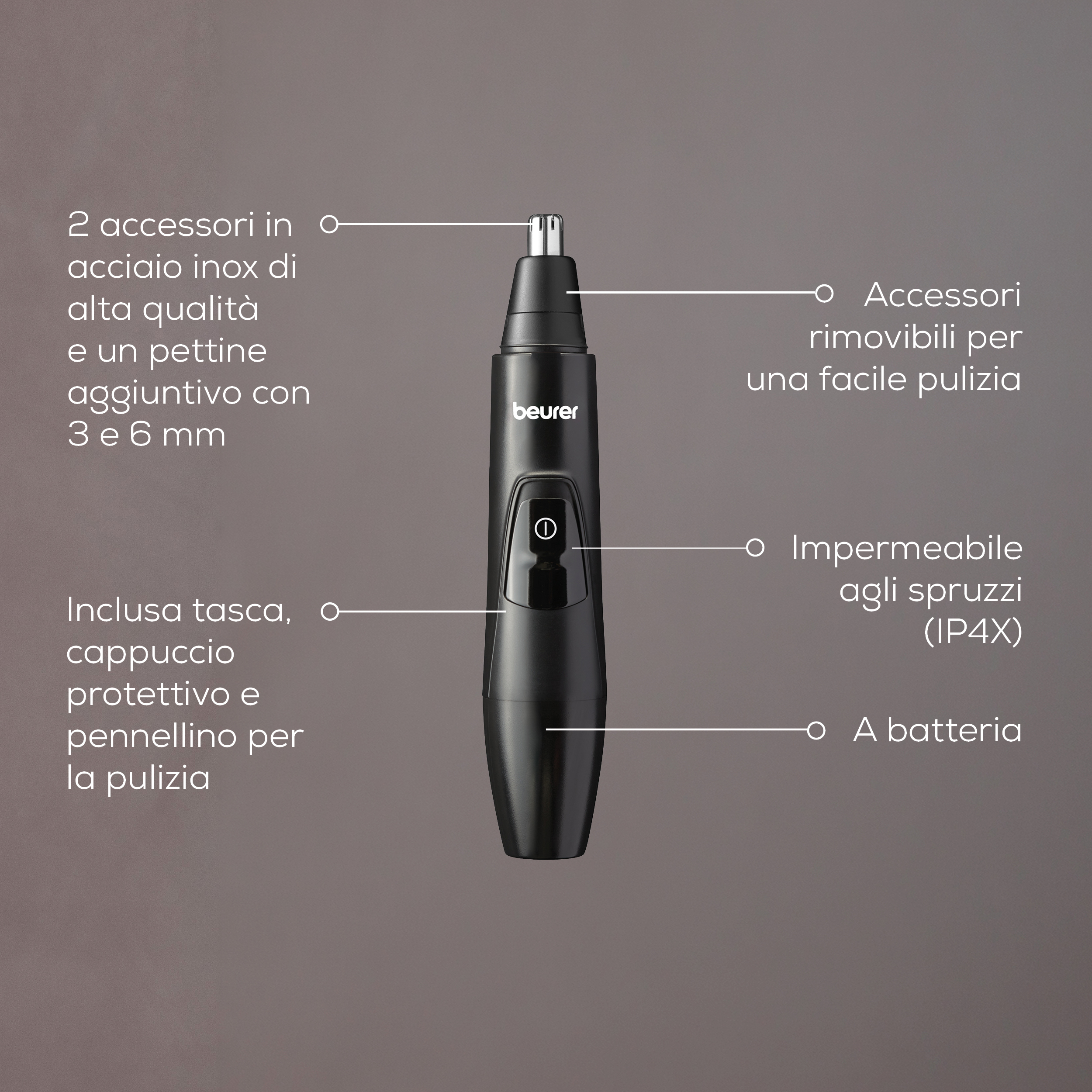 Un rifinitore per peli nasali Beurer nero con accessori ed etichette.