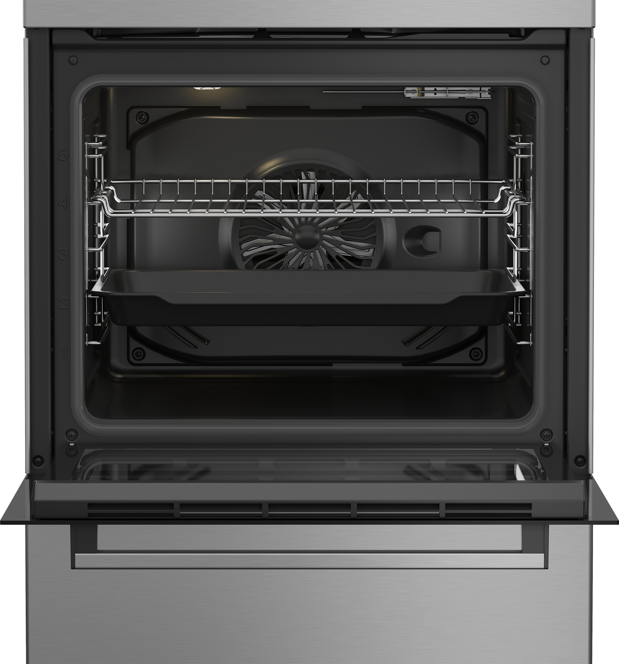 Un forno aperto moderno in acciaio inossidabile con griglia e teglia.