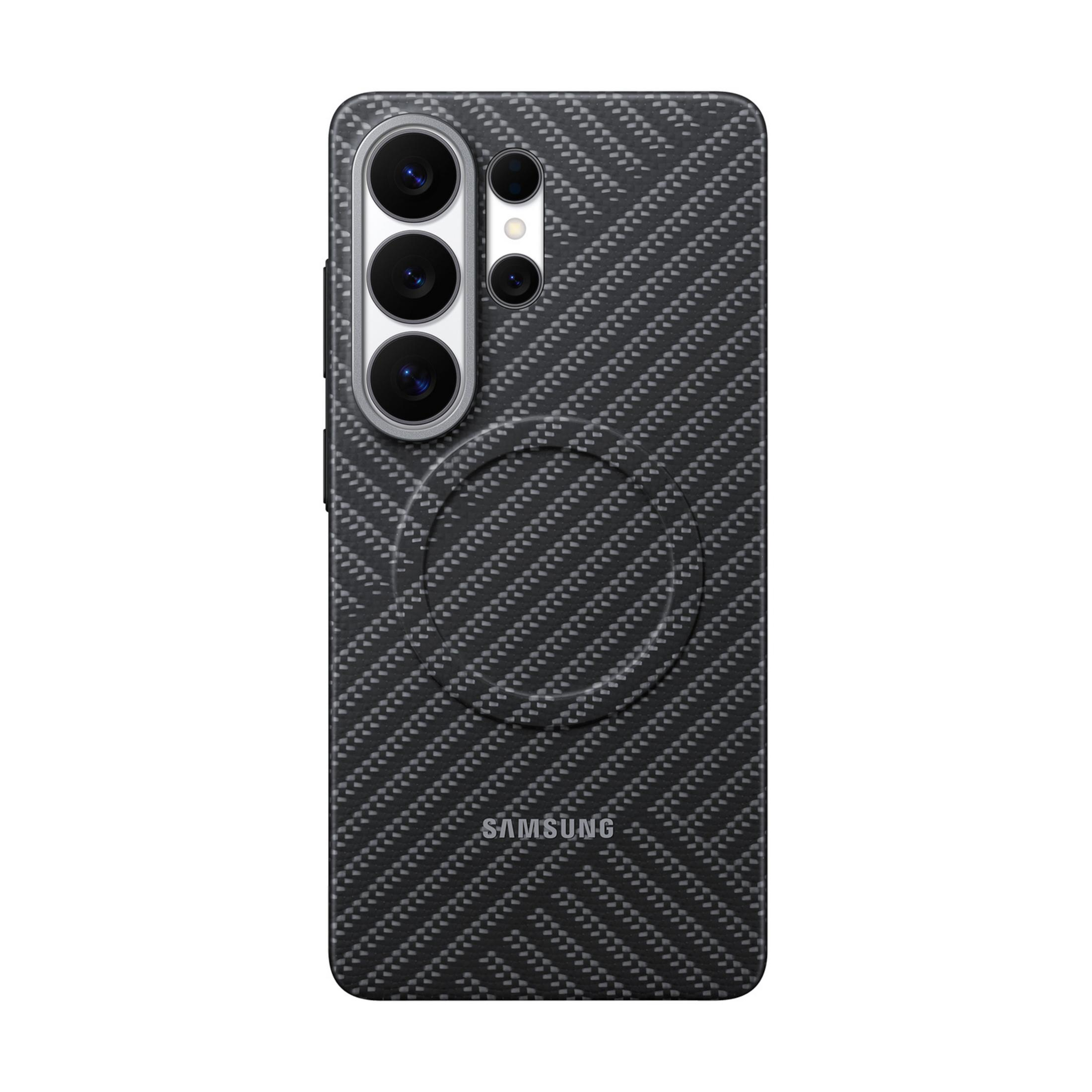 Schwarze Handyhülle mit Karbonfaser-Muster, Kamera und Samsung-Logo.