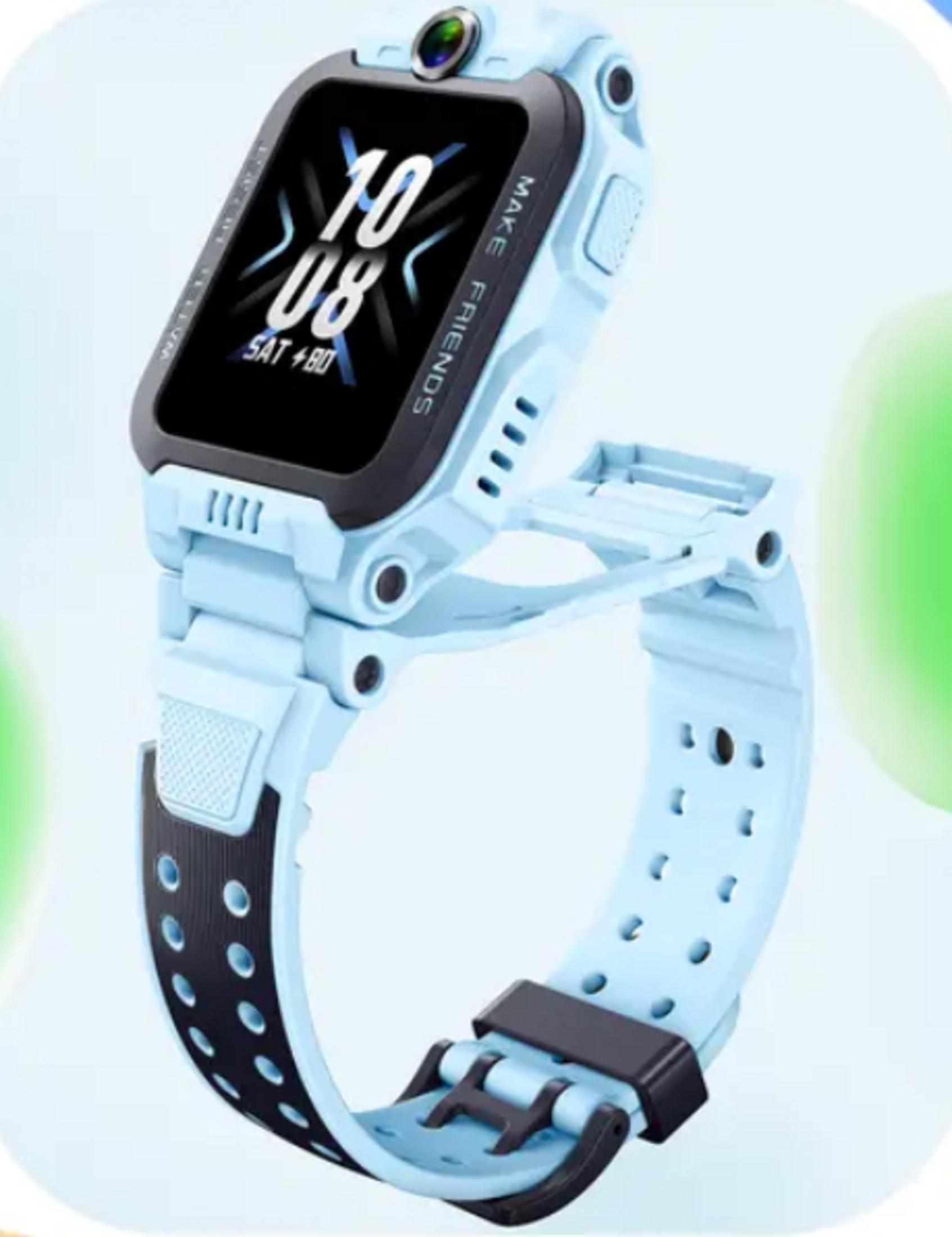 Uno smartwatch blu chiaro con cinturino nero e fotocamera sul quadrante.