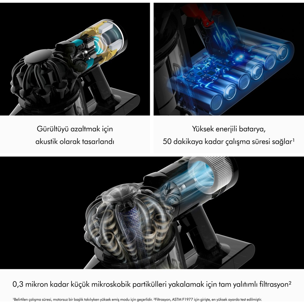 Vengono mostrati i meccanismi interni di un aspirapolvere Dyson, con focus su acustica, batteria e filtrazione.