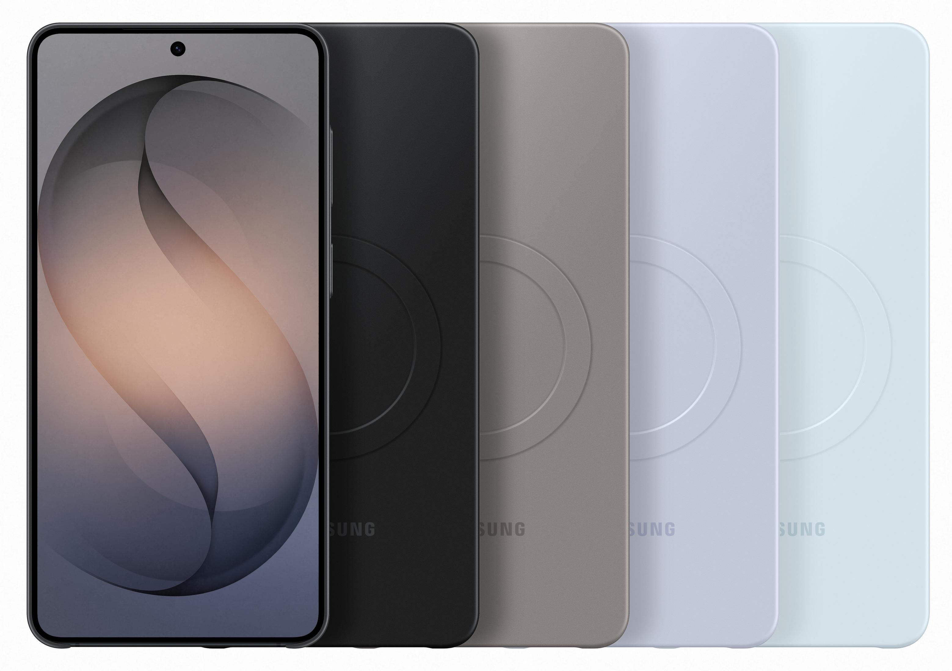 Uno smartphone con sfondo scuro e quattro custodie colorate.