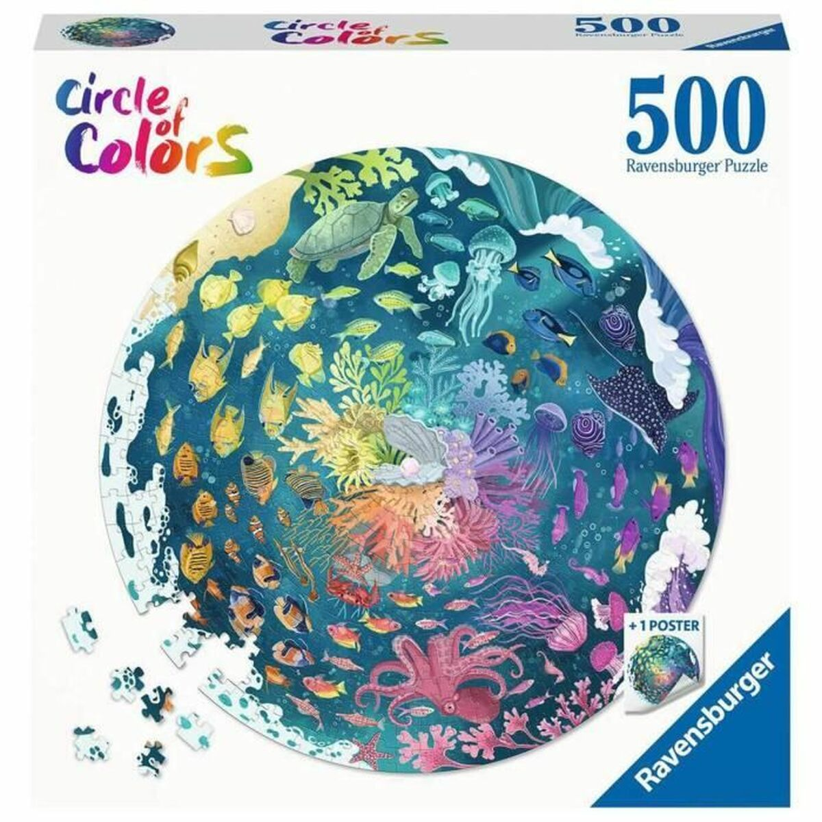 Puzzle rotondo con scena sottomarina: tartaruga, meduse, polpo, razza, pesci, coralli.